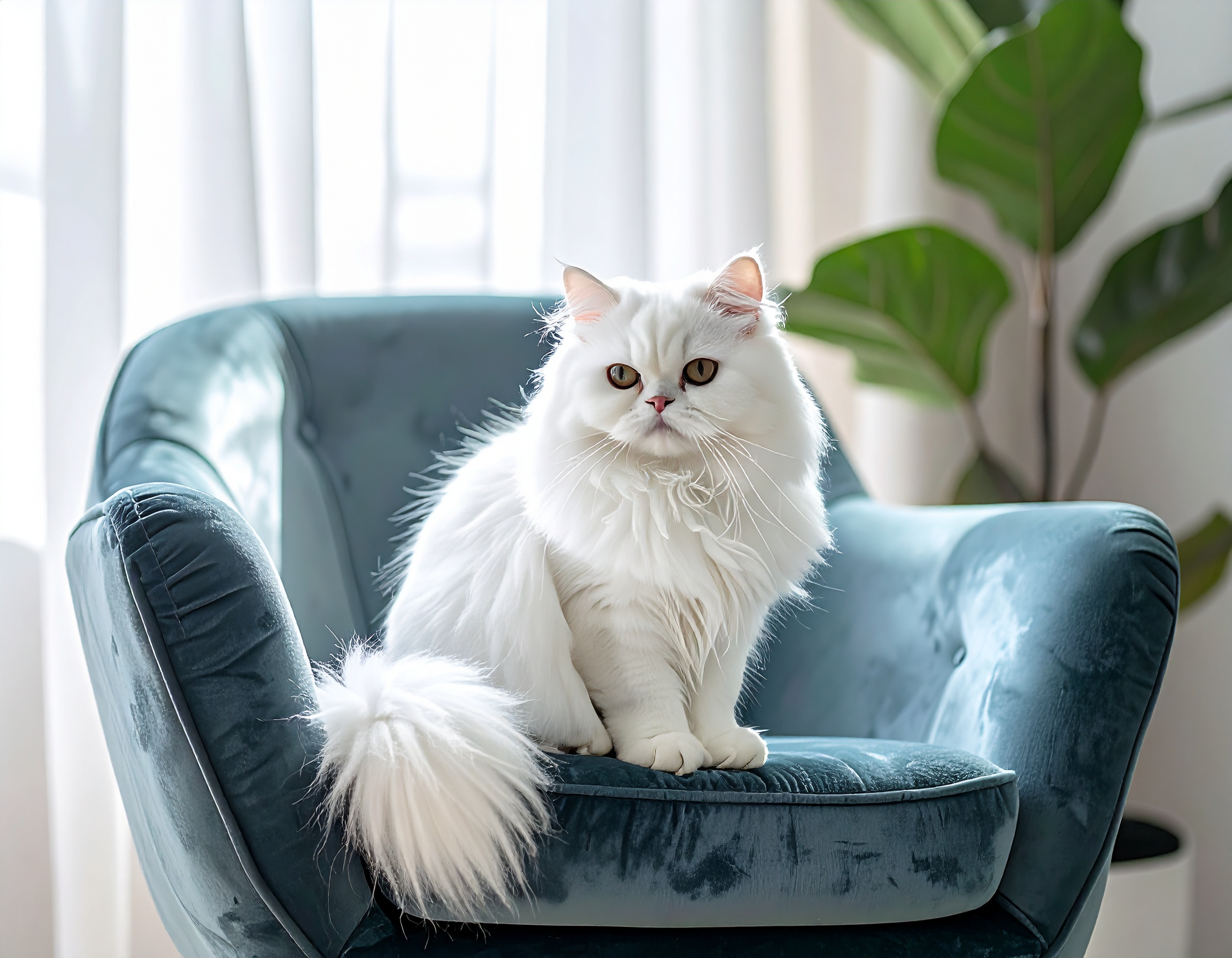 Gato branco persa de pelos longos sentado em uma poltrona azul aveludada em uma sala iluminada por luz natural suave. O fundo exibe plantas verdes que adicionam um toque de frescor ao ambiente. A composição é equilibrada, com o foco no gato contrastando com a textura rica do tecido da poltrona. A iluminação suave destaca a tranquilidade e elegância da cena doméstica.
