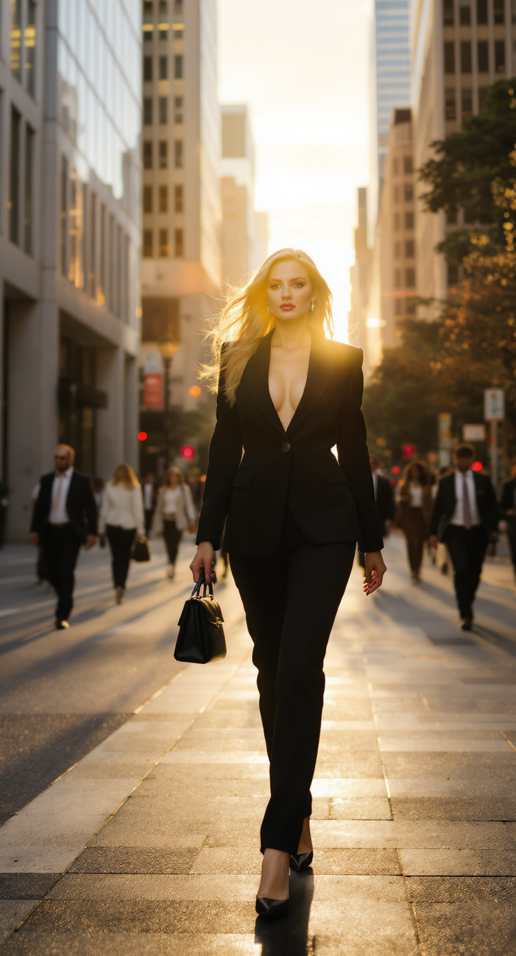 Confidently Dressed Woman Walking in Urban Avenue at Sunset