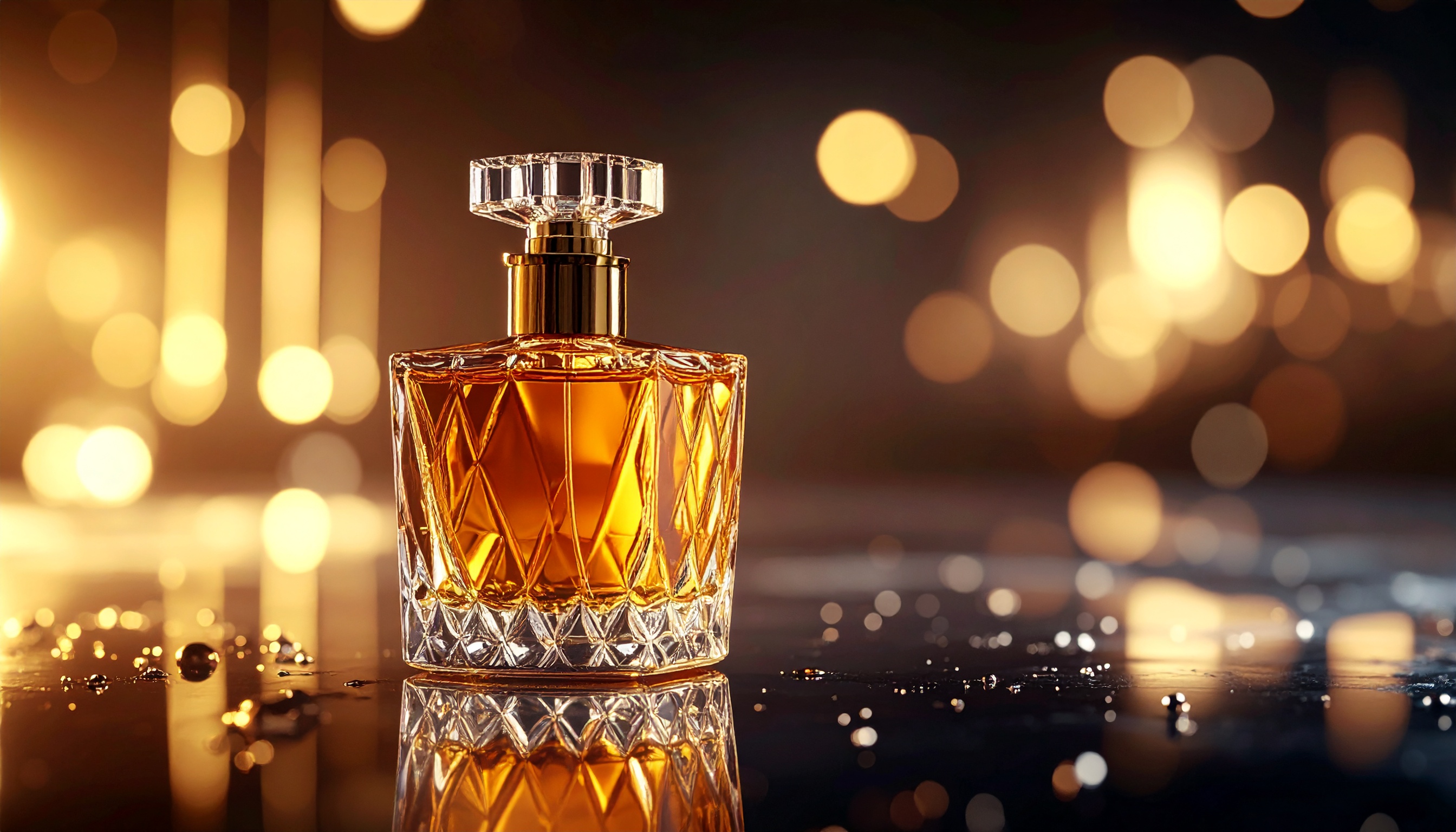Elegant Crystal Perfume Bottle with Gold and Amber Design