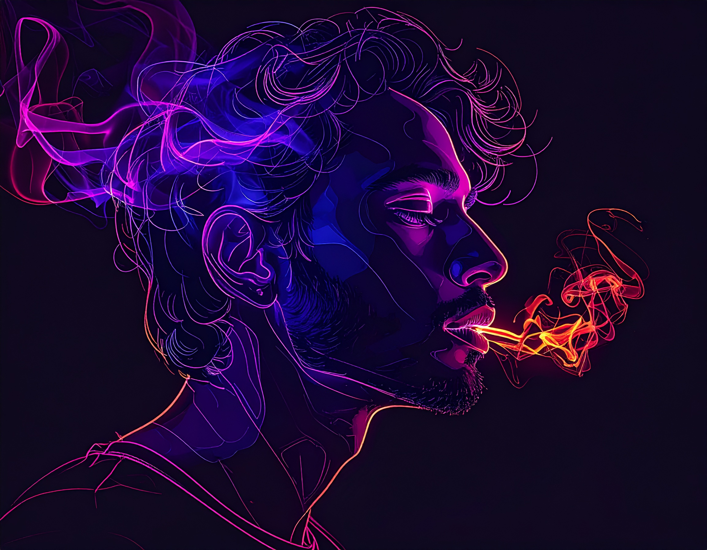 A vibrant digital illustration features a stylized profile of a man exhaling colorful smoke