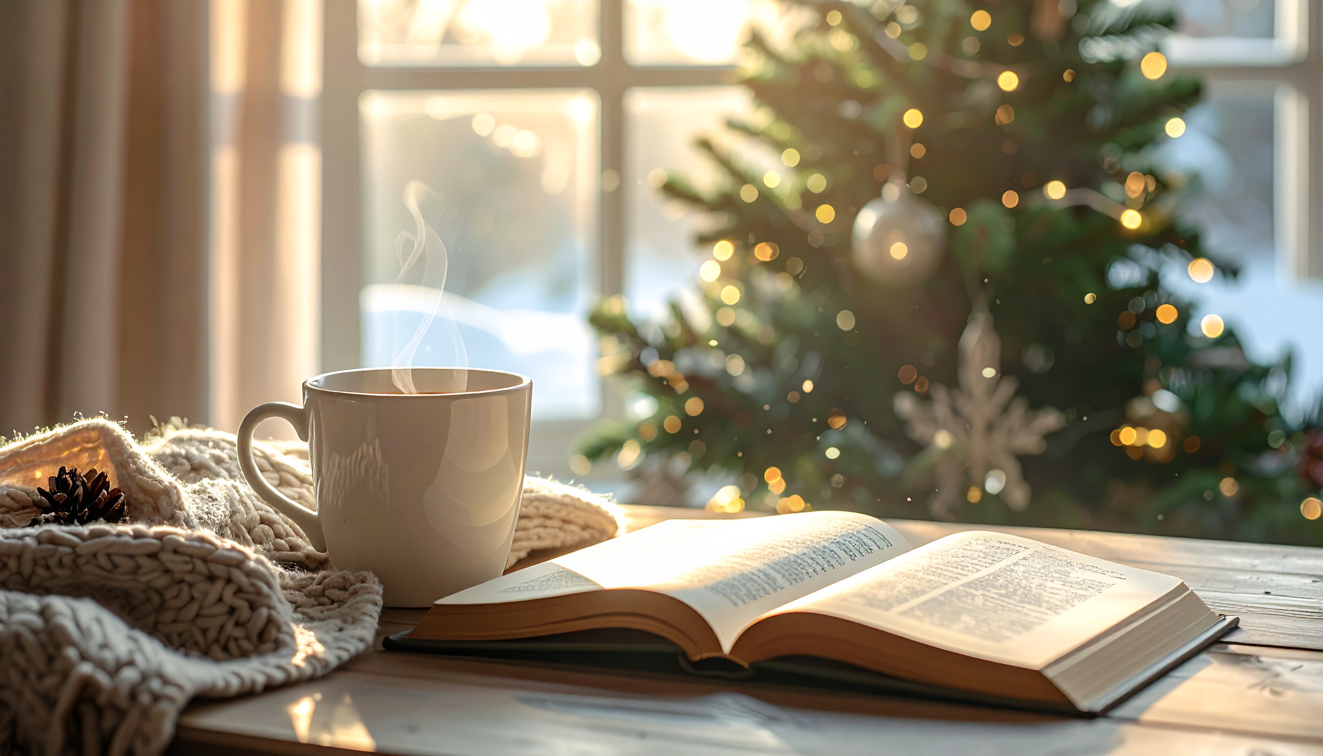 Cozy Wooden Table Scene with Steaming Coffee Mug and Open Book