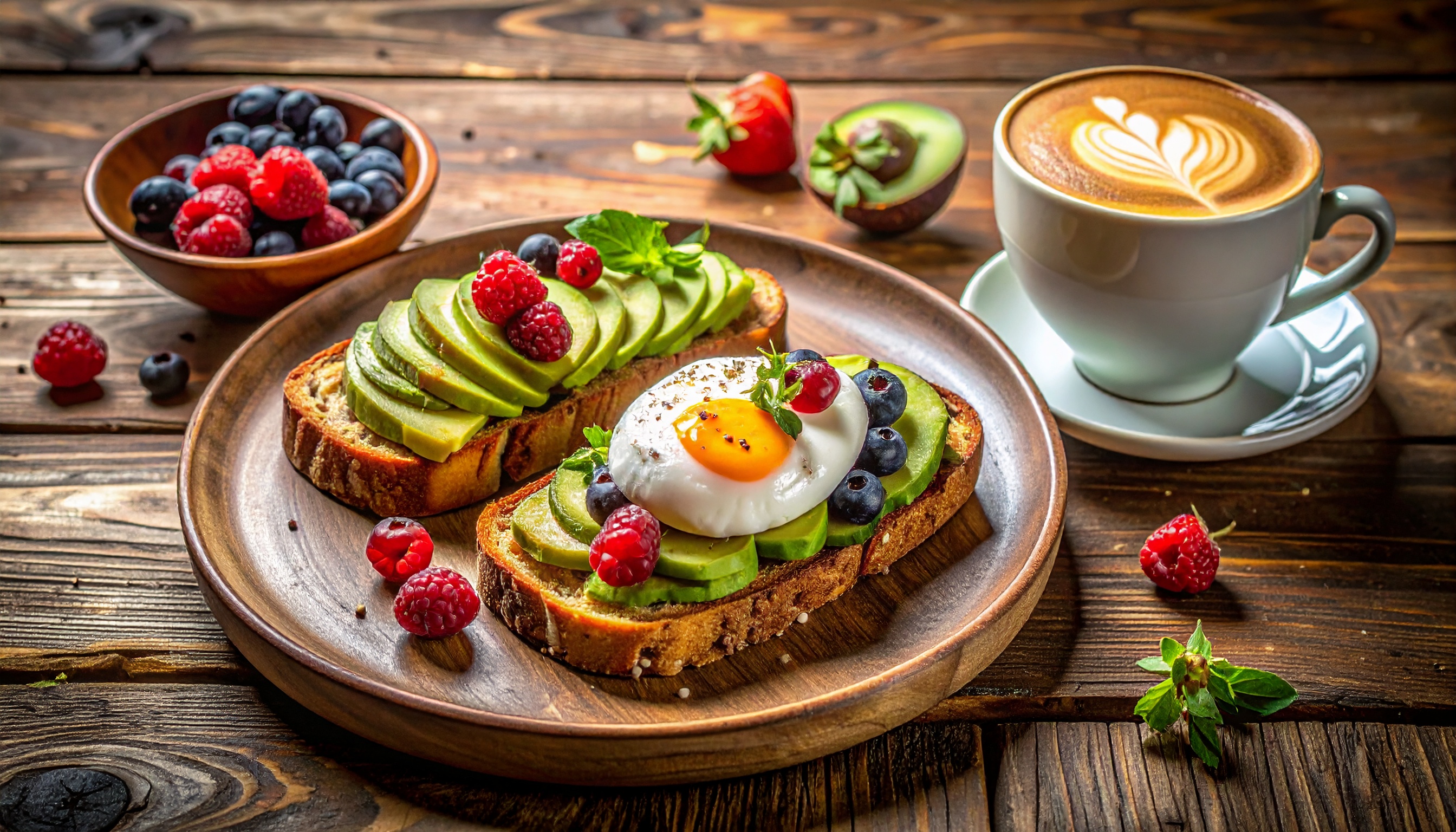 A vibrant breakfast spread includes avocado toast topped with a poached egg and fresh berries