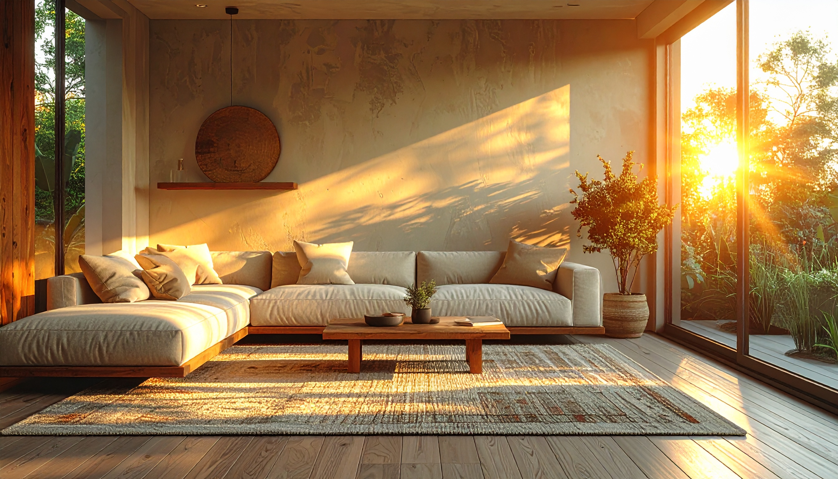 Sala de estar elegante com sofá em L bege, mesa de centro de madeira e tapete texturizado em um ambiente minimalista. A luz do sol poente entra pelas janelas de vidro, criando sombras suaves nas paredes e um ambiente acolhedor e relaxante. As plantas próximas às janelas adicionam um toque de natureza ao espaço, destacando a harmonia entre interior e exterior.
