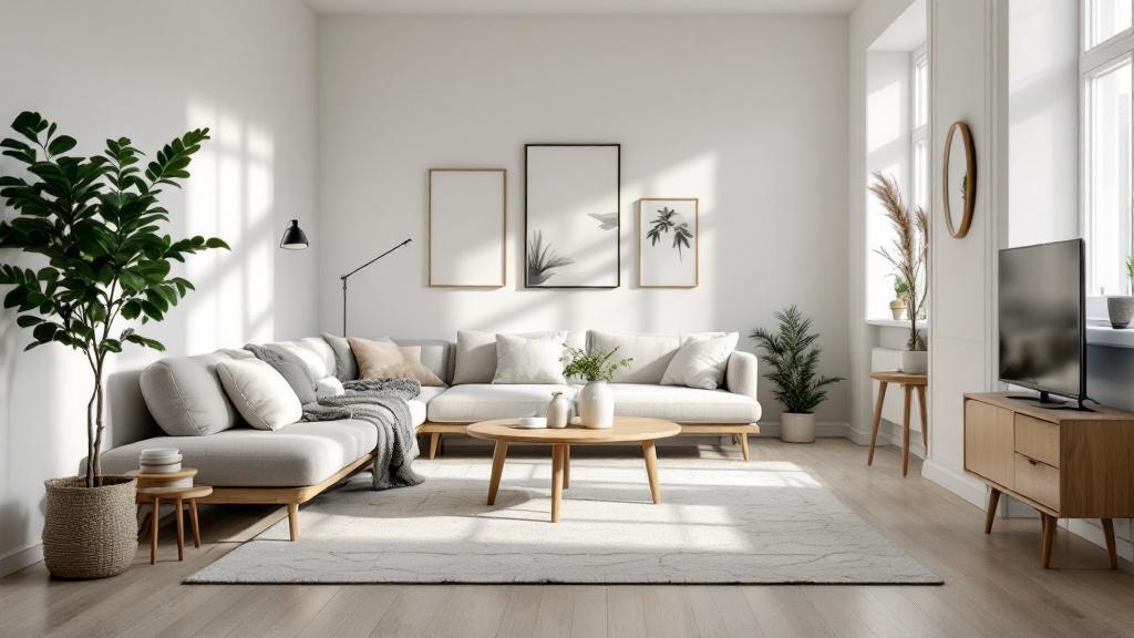 A sleek and modern living room with light gray sectional sofa, perfect for contemporary home