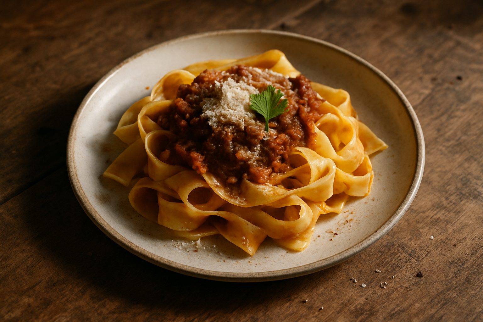 Prato de tagliatelle à bolonhesa decorado com salsa fresca. Ideal para quem busca preparar uma refeição italiana autêntica em casa. A massa al dente contrasta perfeitamente com o molho rico em carne e tomate. Perfeito para jantares em família ou ocasiões especiais. Um toque de queijo parmesão ralado finaliza o prato com elegância.