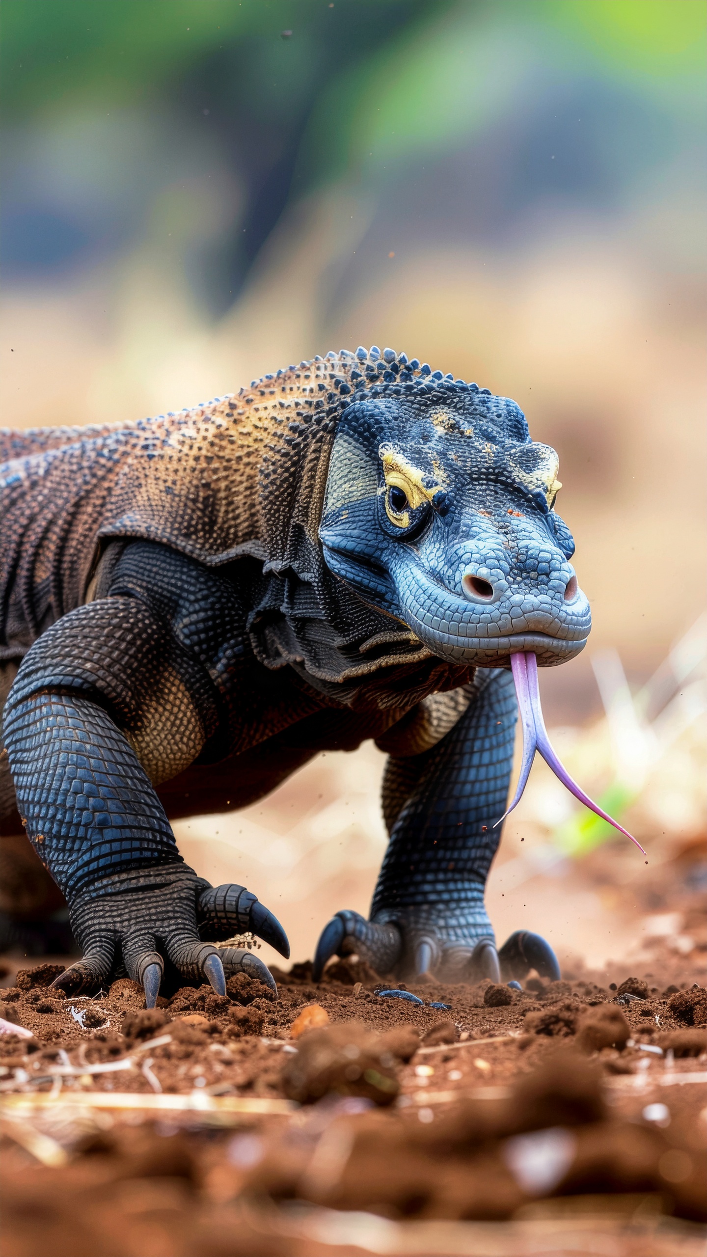 Um lagarto de aparência imponente caminha sobre solo seco, destacando-se pela coloração vibrante de suas escamas. Este réptil é muitas vezes usado em campanhas de conscientização sobre preservação ambiental e biodiversidade. As escamas azuis e douradas, juntamente com a língua bifurcada à mostra, criam um visual marcante e inesquecível. Ideal para ilustrações de material educativo ou decorativo sobre vida selvagem. Sua presença poderosa simboliza resiliência e a beleza da natureza selvagem.
