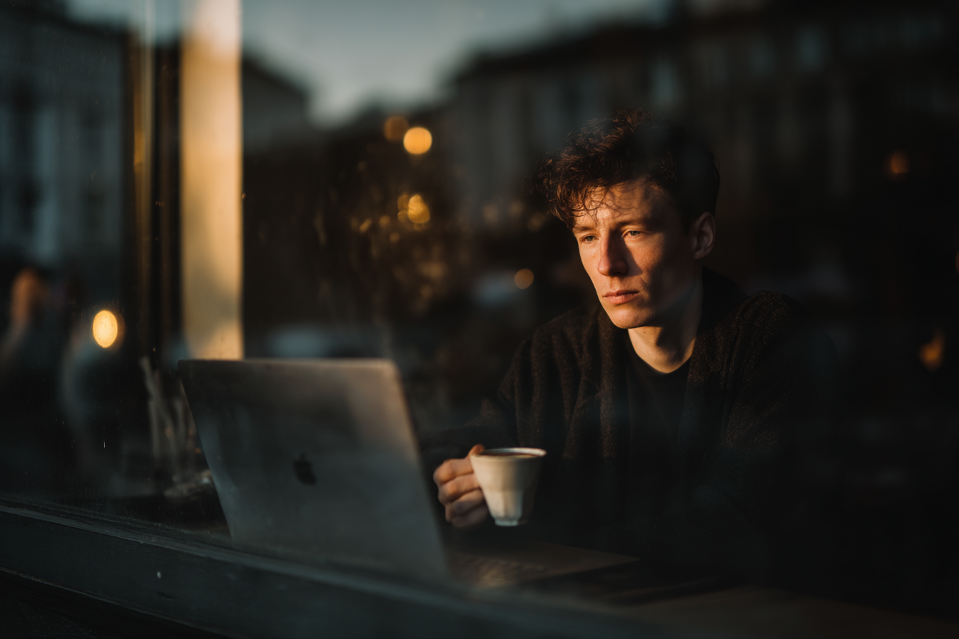 Homem pensativo sentado em uma cafeteria, segurando uma xícara de café enquanto trabalha em um laptop. O ambiente é iluminado por luz natural suave, criando uma atmosfera aconchegante e reflexiva.