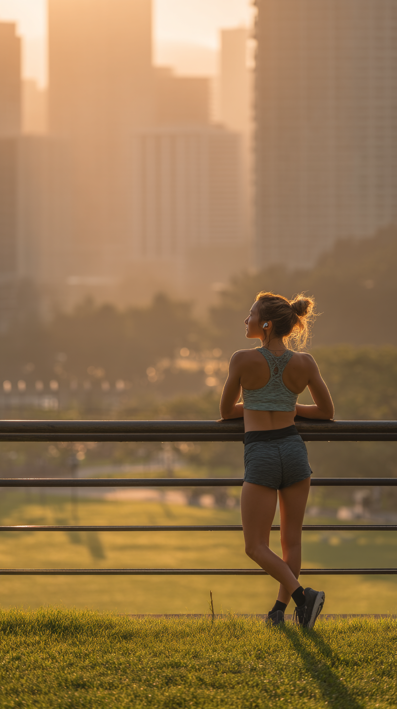 Uma mulher jovem em um top esportivo e shorts observa a cidade ao entardecer, com arranha-céus ao fundo e luz dourada filtrando através da névoa. Ela está apoiada em um corrimão, transmitindo uma sensação de tranquilidade e reflexão.