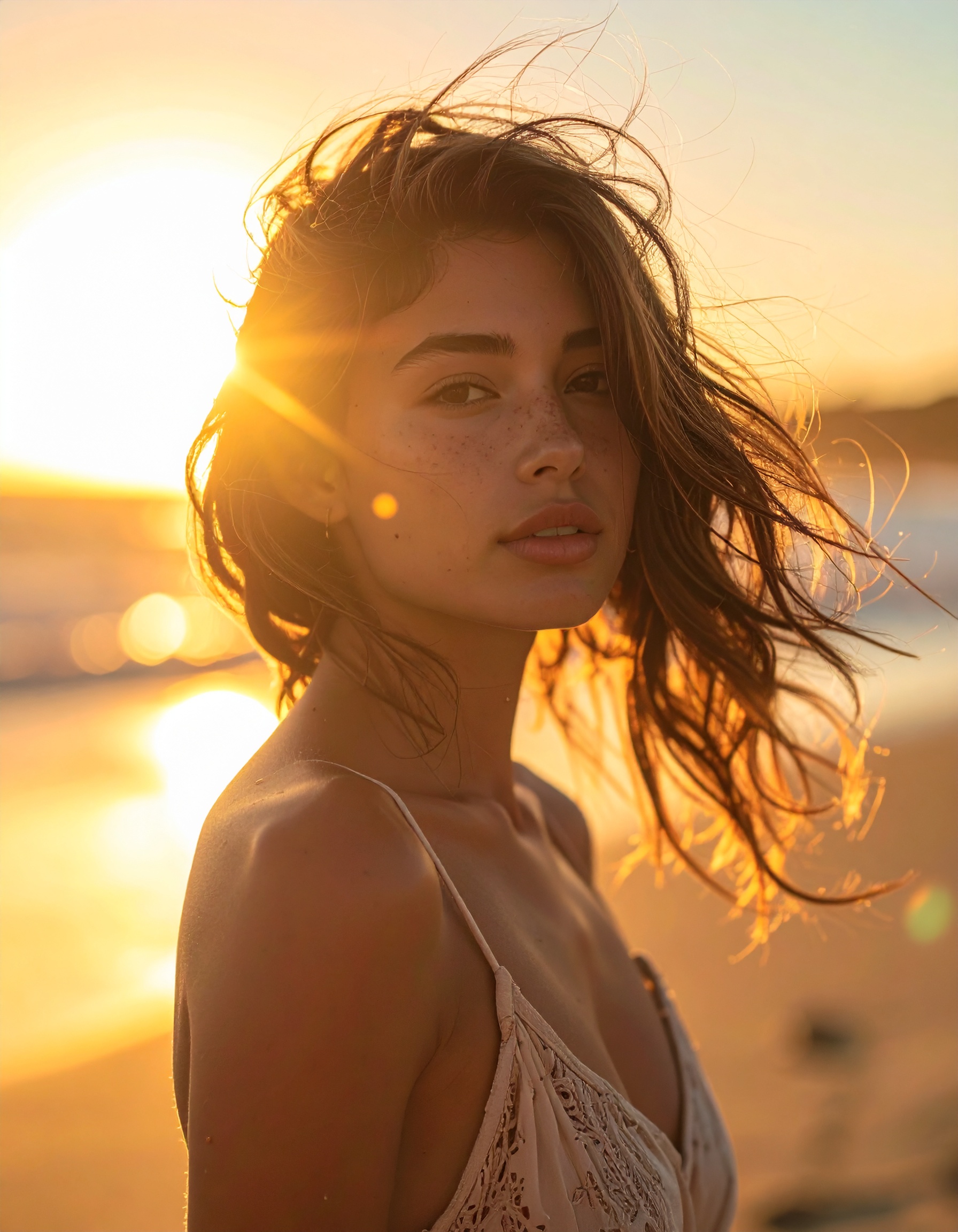 The image captures a woman standing on a sunlit beach during golden hour