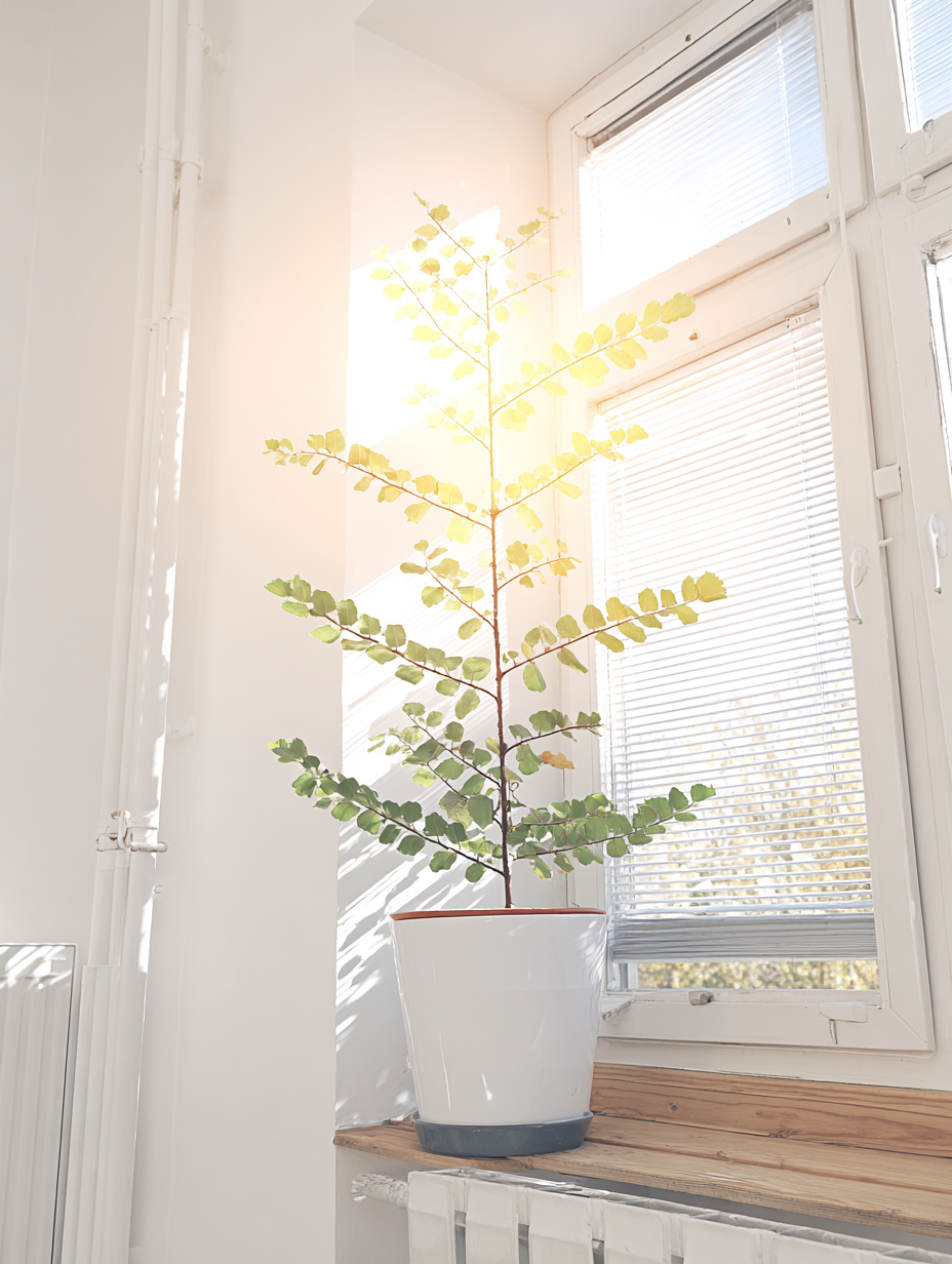 Planta em vaso branco colocada em peitoril de janela iluminada por luz natural intensa, criando um efeito de brilho suave nas folhas verdes. A janela possui persianas parcialmente fechadas, adicionando linhas de sombra ao ambiente de cor clara, proporcionando um estilo moderno e minimalista. A composição é equilibrada, com foco suave em folhas e vaso, ressaltando a tranquilidade do espaço interno.