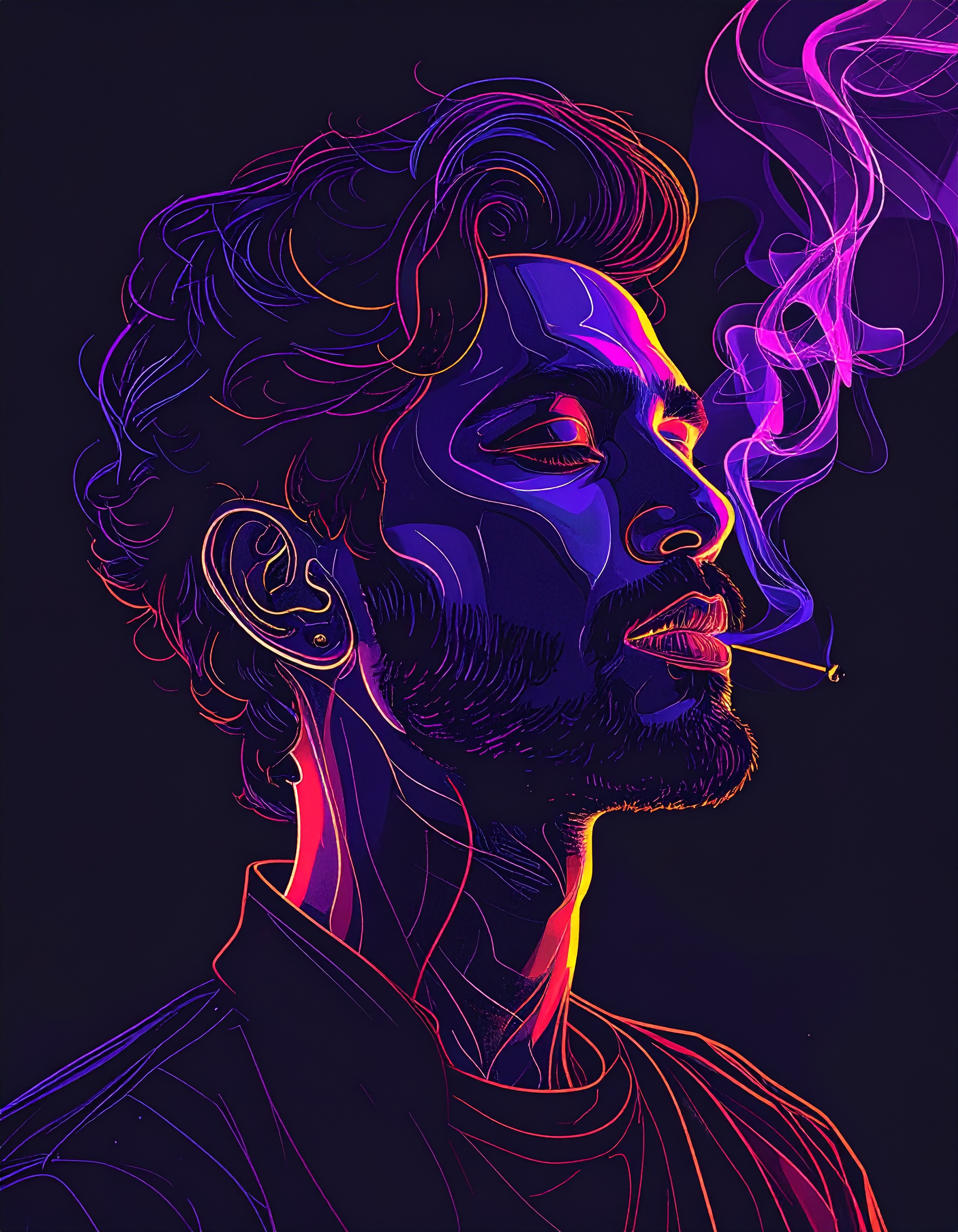 A vibrant digital portrait features a profile of a man with neon colors swirling around him