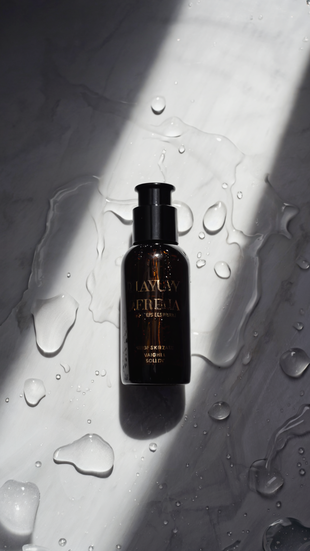 A sleek, dark glass bottle rests on a marbled surface with water droplets