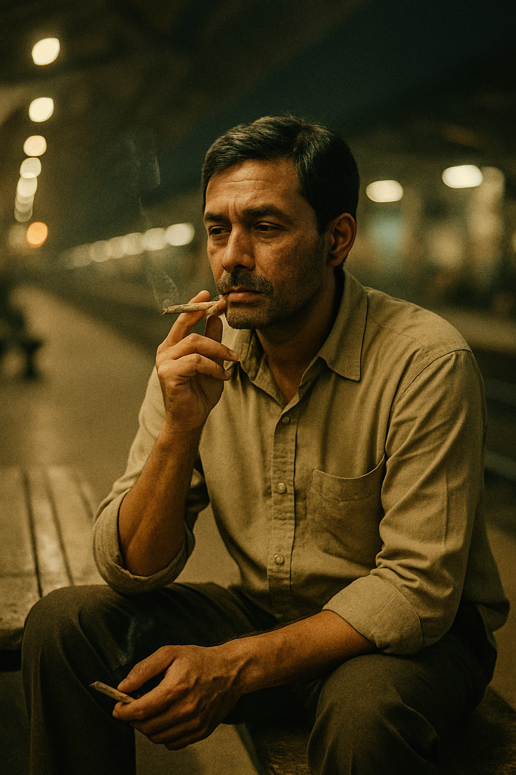 A contemplative man sits on a bench at a dimly lit train station