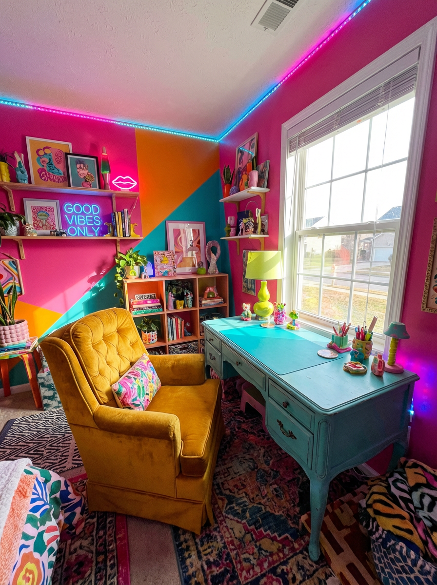 A vibrant home office space features a lively mix of colors and retro furniture