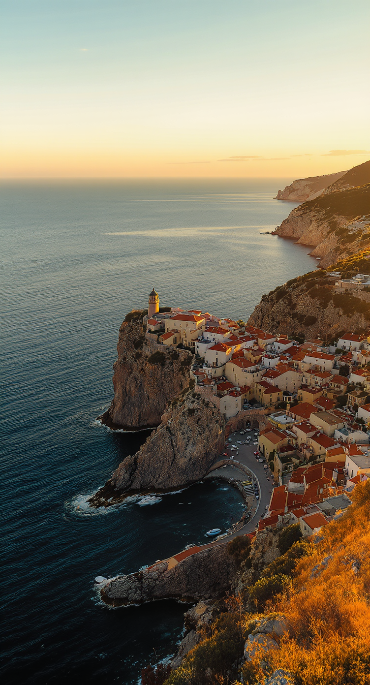 Vista deslumbrante de uma vila costeira em um penhasco ao pôr do sol, com casas mediterrâneas de telhados vermelhos contrastando com o mar azul profundo e um céu dourado.
