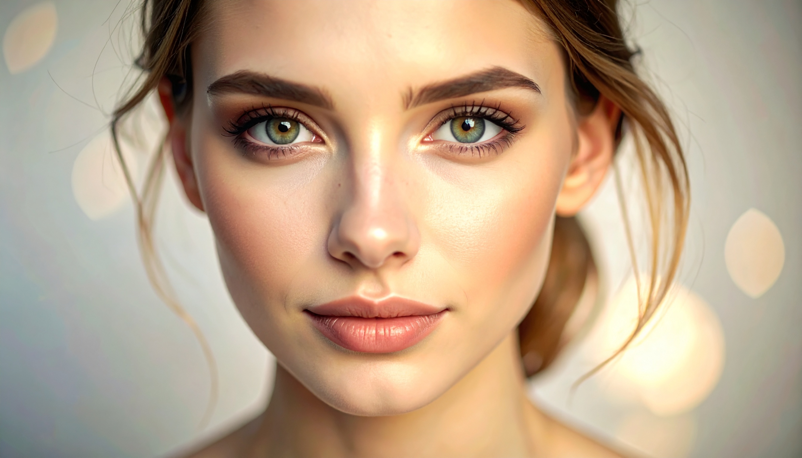 Retrato de mulher com pele impecável em close-up, destacando olhos verdes expressivos e maquiagem suave. Iluminação suave e fundo desfocado criam uma atmosfera serena e elegante. A composição é centralizada, com foco nítido nos detalhes faciais, transmitindo uma sensação de tranquilidade e beleza clássica.