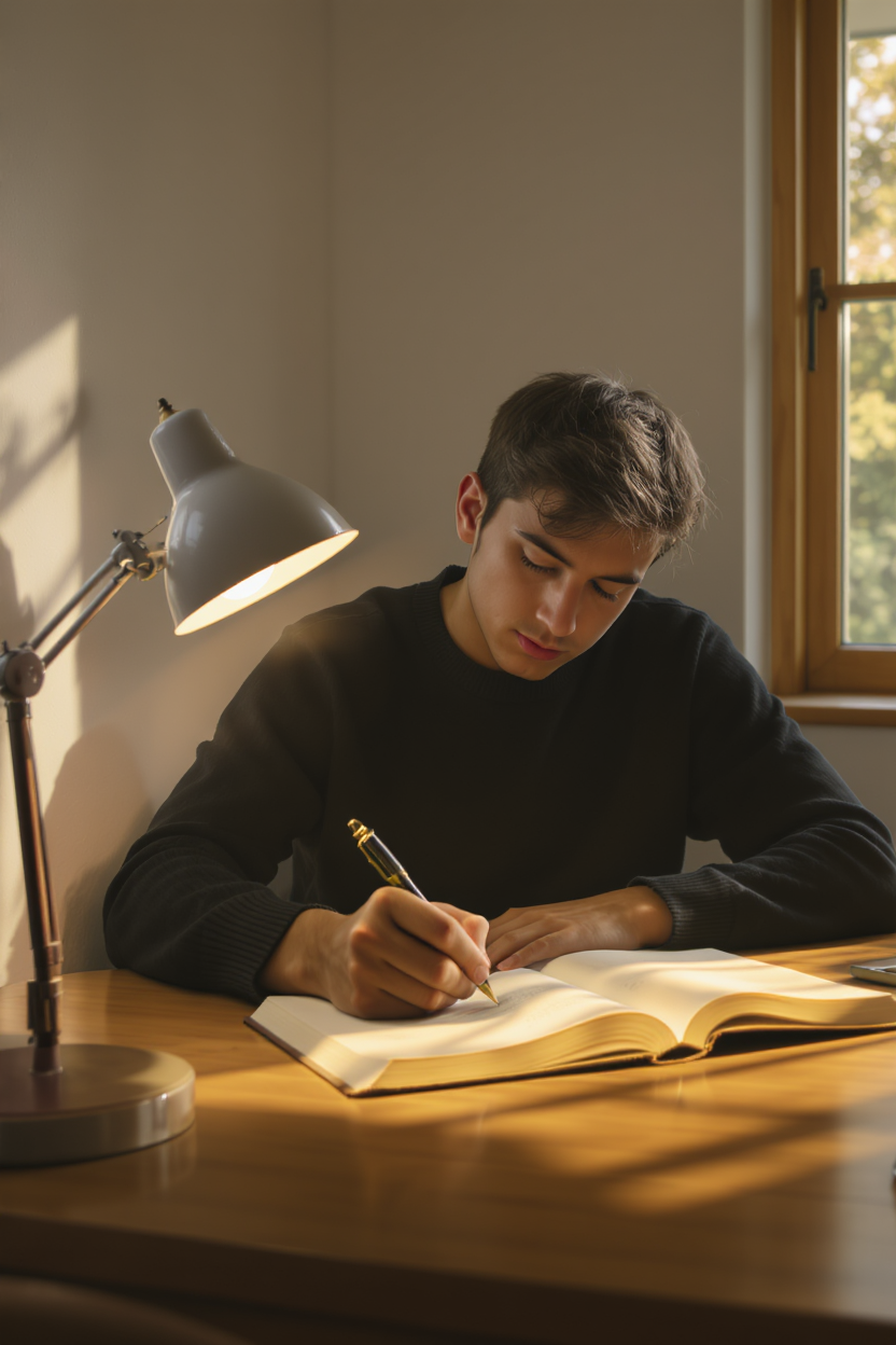 A young man is focused on writing in a well-lit study area, equipped with a stylish desk lamp