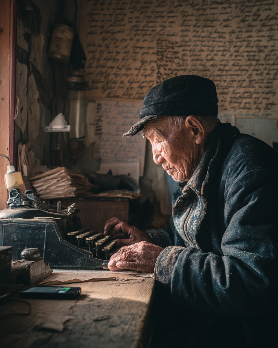 A imagem apresenta um homem idoso concentrado em uma máquina de escrever, envolto em um ambiente rústico e nostálgico. As cores predominantes são tons terrosos e neutros, com iluminação suave que destaca as texturas da madeira e da pele do homem. O fundo apresenta uma parede coberta de páginas manuscritas, criando um contraste interessante com o foco no homem e sua máquina.