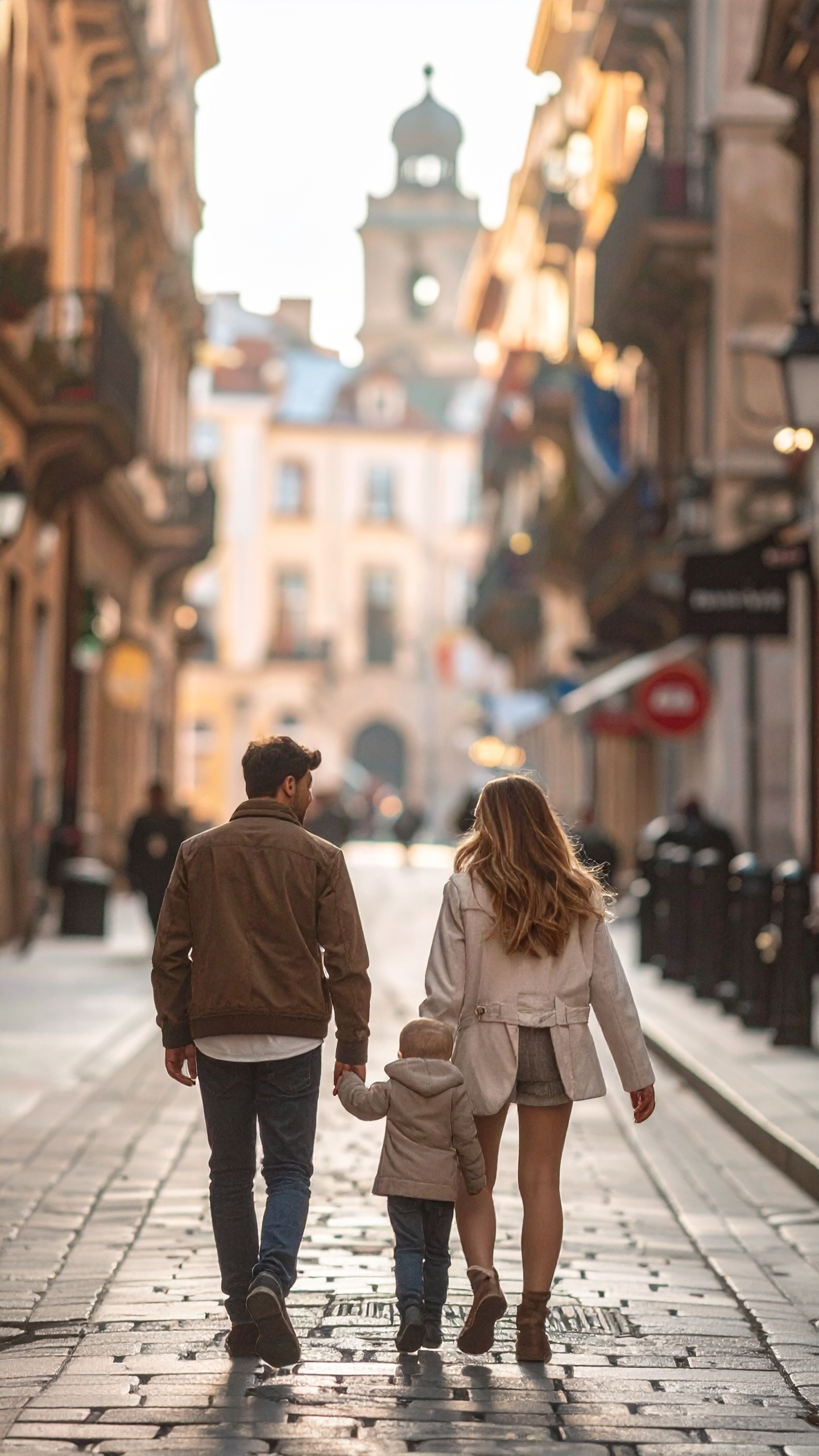 A family strolls down a charming cobblestone street in a European city