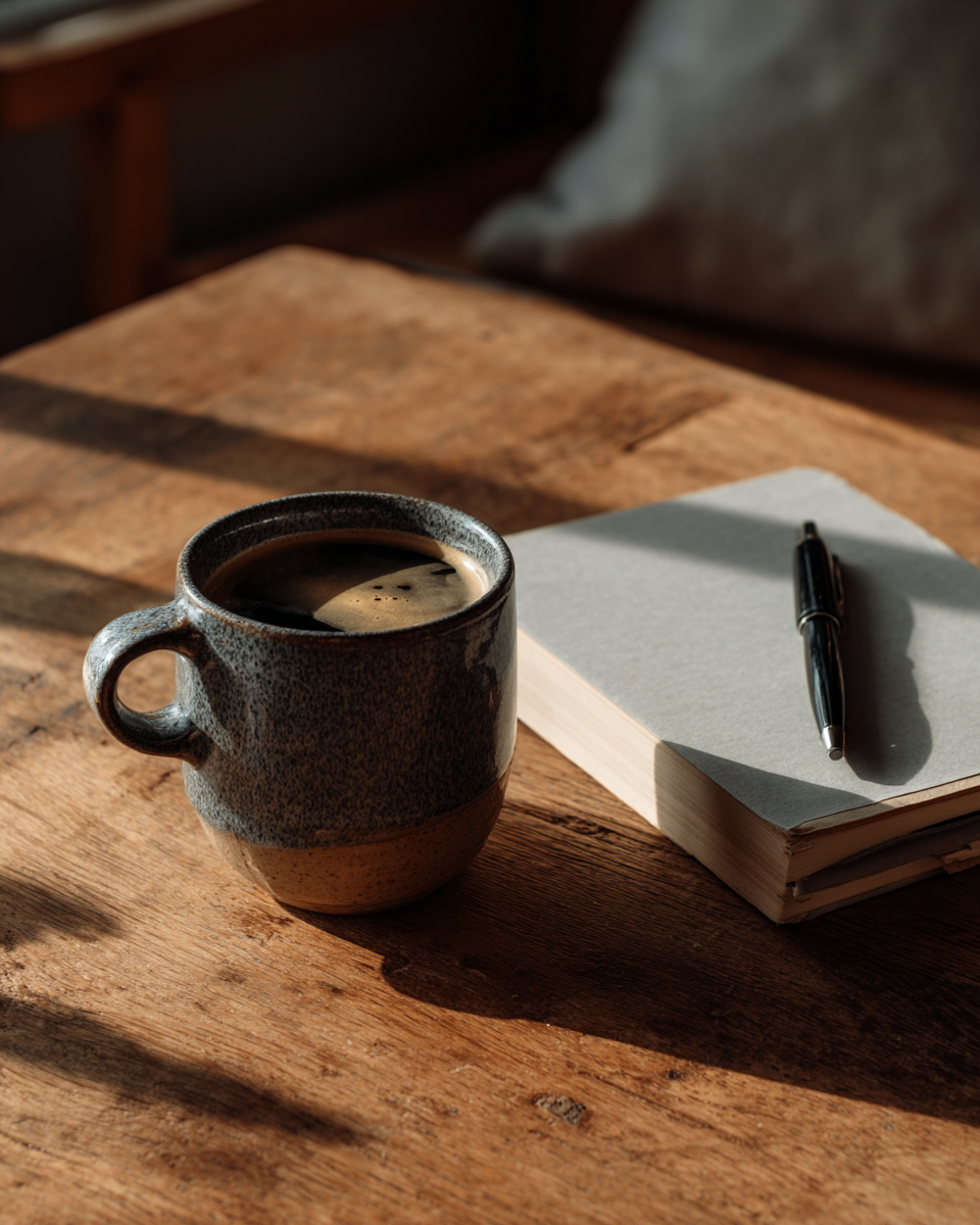 Uma caneca de café sobre uma mesa de madeira com um caderno e uma caneta, iluminada pela luz suave do sol, criando um ambiente aconchegante e produtivo.