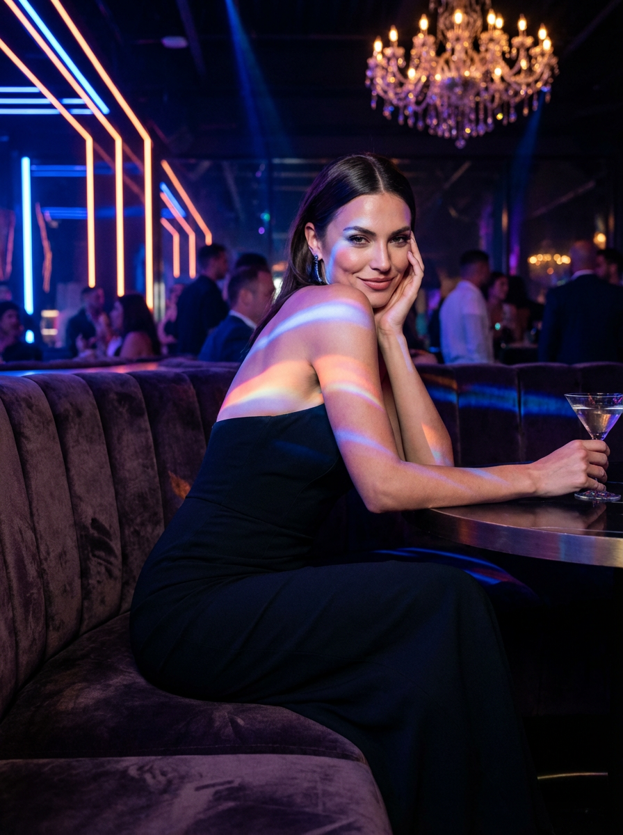 An elegant woman in a black dress enjoys her night out at a stylish club