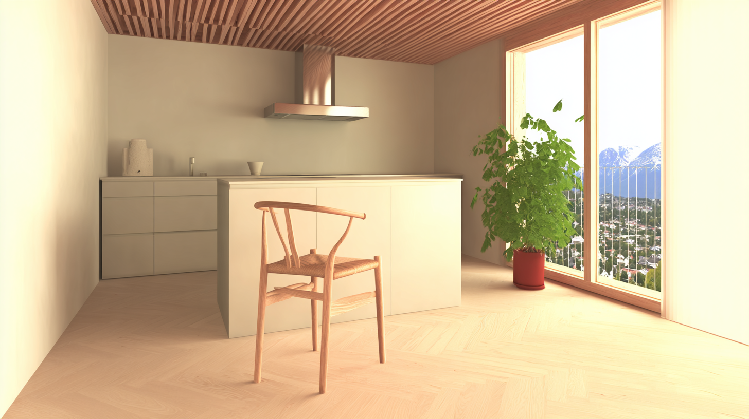 Cozinha moderna com design minimalista, apresentando uma cadeira de madeira clara e balcão central em tom neutro. Iluminação suave realça o teto de ripas, enquanto grandes janelas oferecem uma vista panorâmica de montanhas e cidade. Detalhes em madeira e planta em vaso vermelho adicionam elementos naturais, compondo um ambiente harmonioso e elegante.