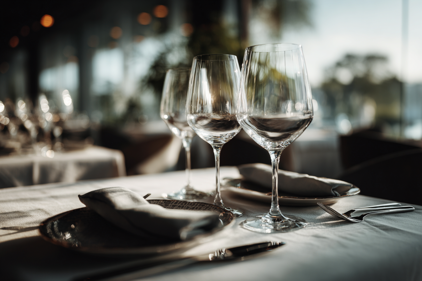 A imagem apresenta um cenário elegante de um restaurante, com três taças de vidro em primeiro plano, refletindo a luz suave que entra pelas janelas. O fundo é desfocado, sugerindo um ambiente acolhedor, enquanto a mesa está decorada com toalhas brancas e detalhes sutis de pratos e talheres.
