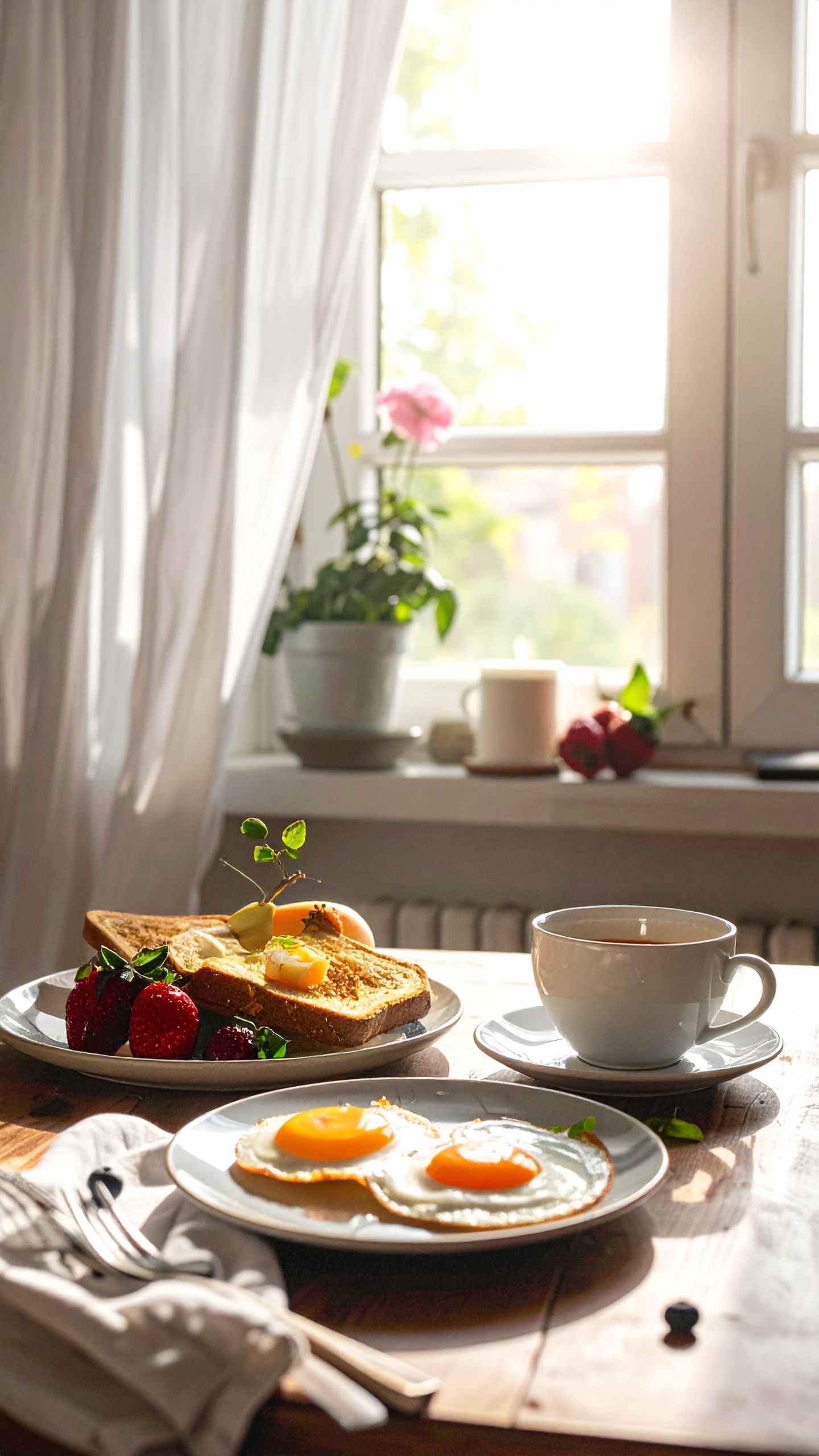 A cozy breakfast setting with sunny-side-up eggs and toast on a wooden table
