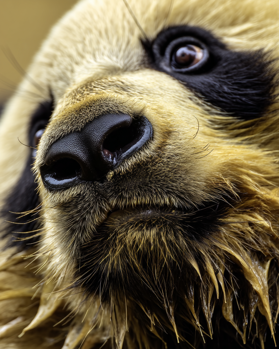 Close-up de rosto de panda com pelagem em tons de bege e preto, textura detalhada de pelos e focinho úmido, iluminação suave e foco em detalhes faciais.