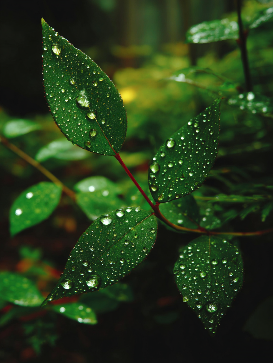 Folhas verdes detalhadamente capturadas de perto, cobertas por gotas de água cintilantes, criando um efeito de brilho sob iluminação suave. A composição destaca a textura e viço das folhas, com fundo desfocado que acentua a profundidade e serenidade da cena natural.