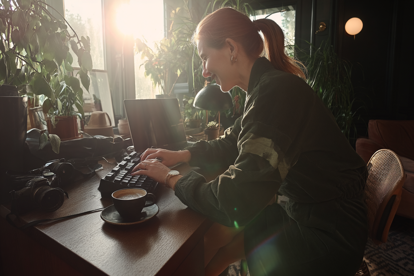 A imagem captura uma cena acolhedora em um ambiente com iluminação suave, onde uma mulher está digitando em um teclado. A luz do sol entra pela janela, criando um efeito de brilho na parte superior da imagem. O espaço é decorado com plantas verdes e objetos pessoais, incluindo uma câmera e uma xícara de café sobre a mesa de madeira.