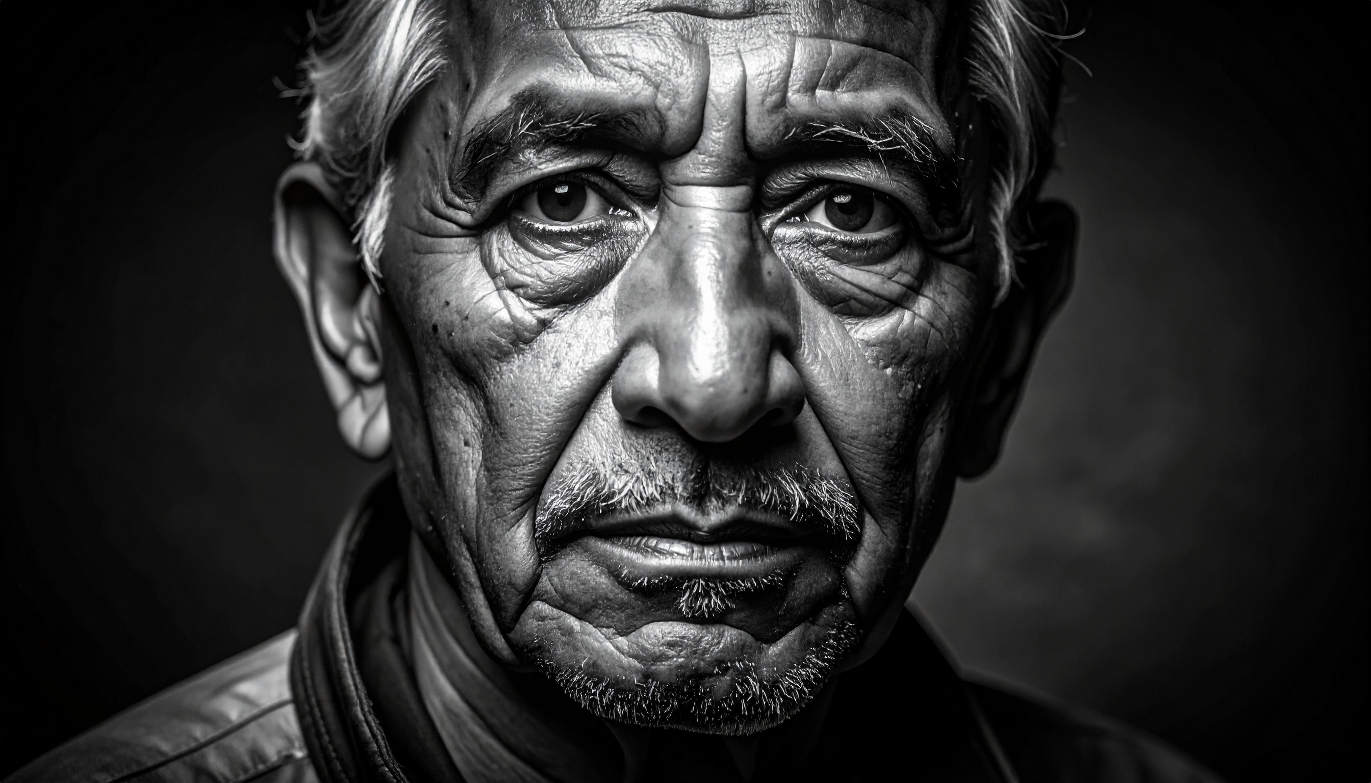 A striking black and white portrait of an elderly man