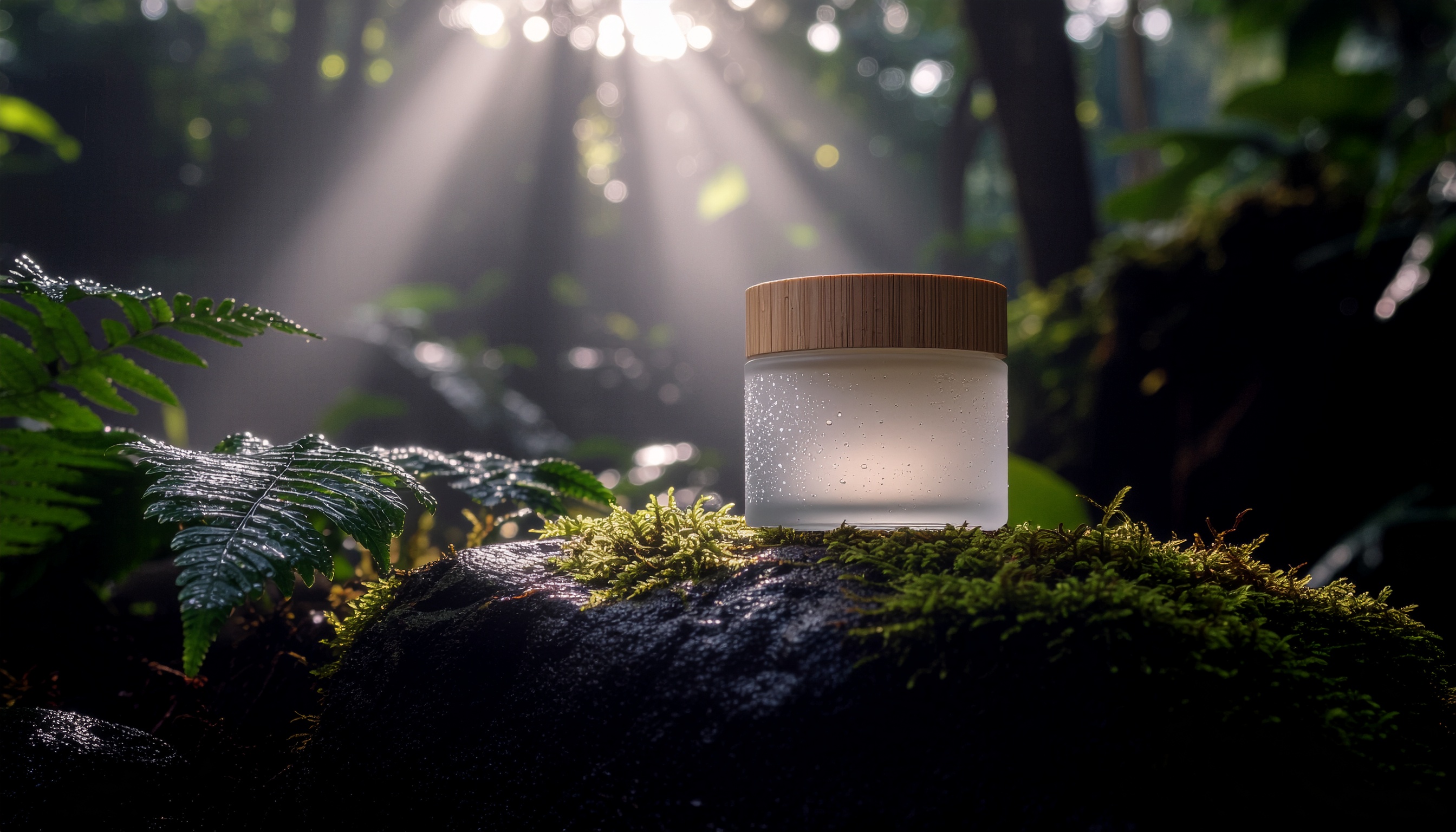 Pote de creme translúcido com tampa de madeira sobre pedra coberta de musgo em floresta tropical. Luz suave atravessa folhagem, iluminando gotas de orvalho e criando atmosfera serena e natural.
