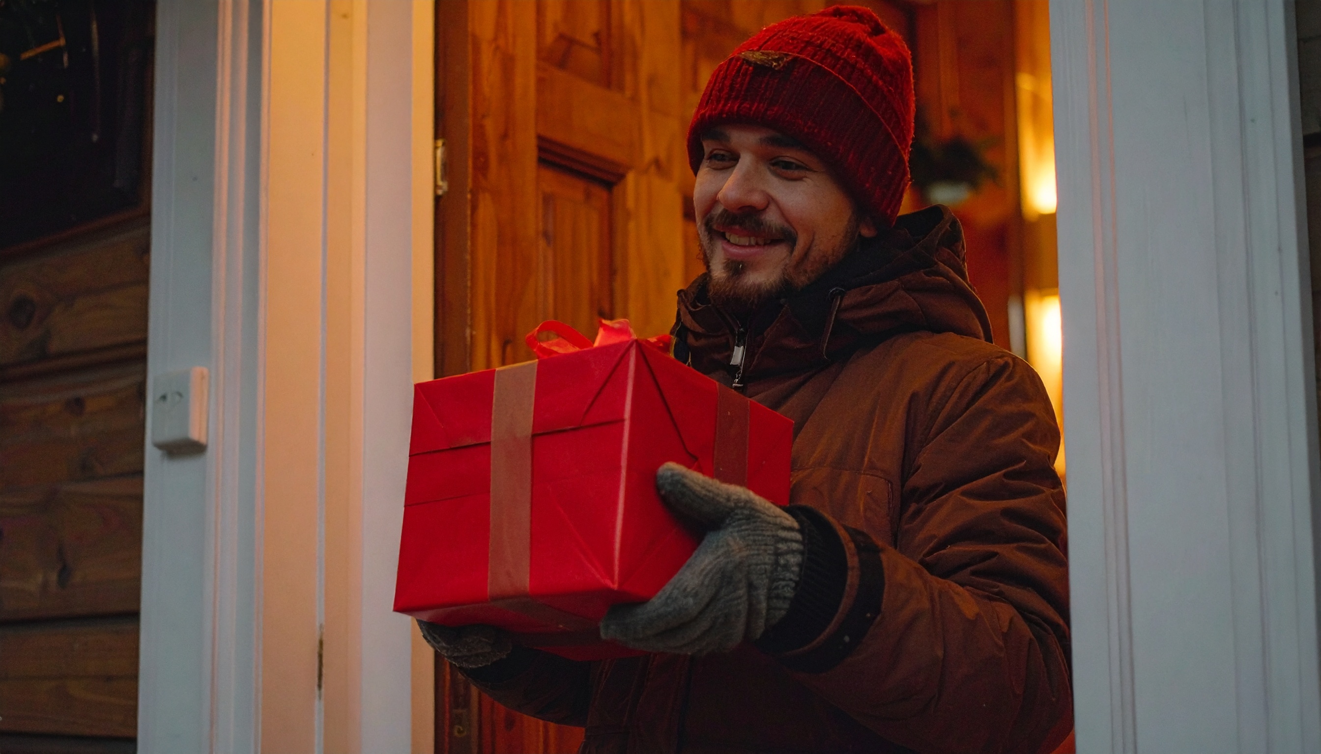 Smiling Man in Red Hat Delivering Gift Box
