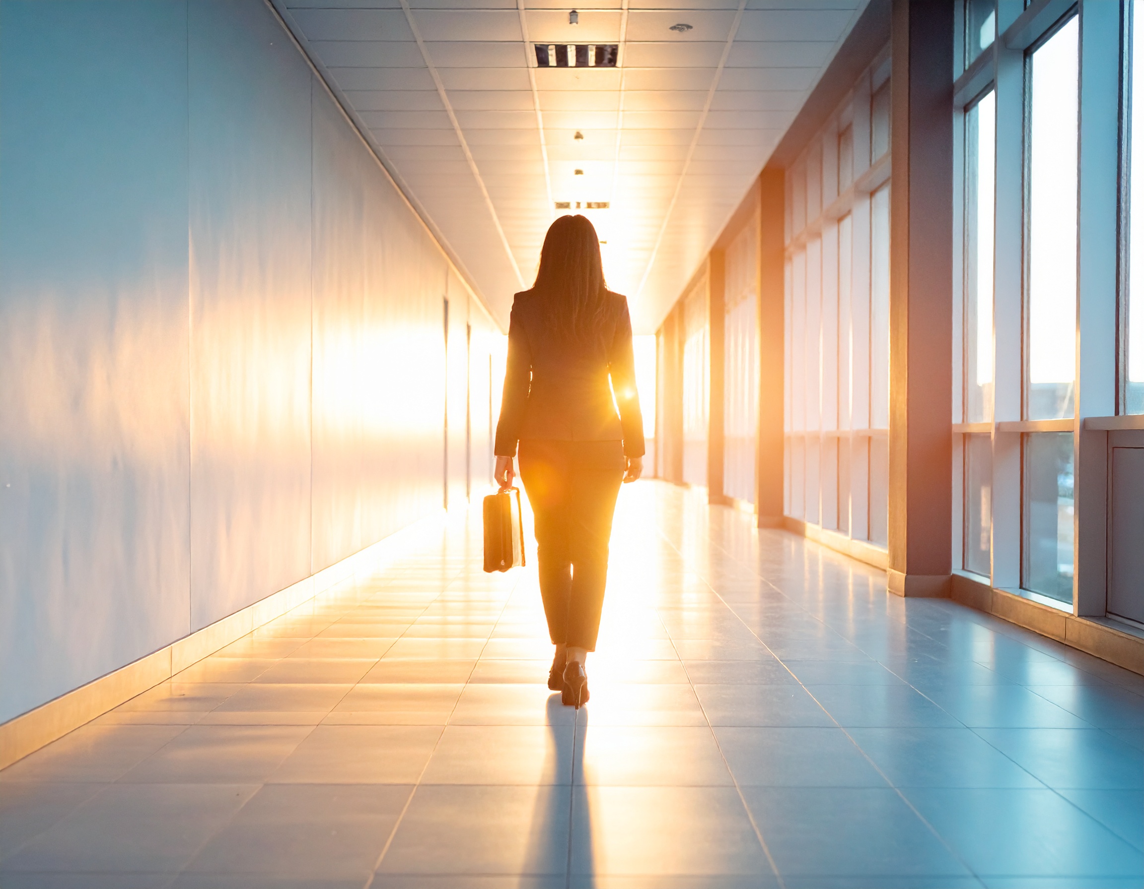 Confident Woman Walking in Modern Corporate Hallway