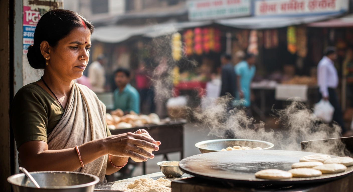 A woman prepares traditional Indian flatbreads on a bustling market street