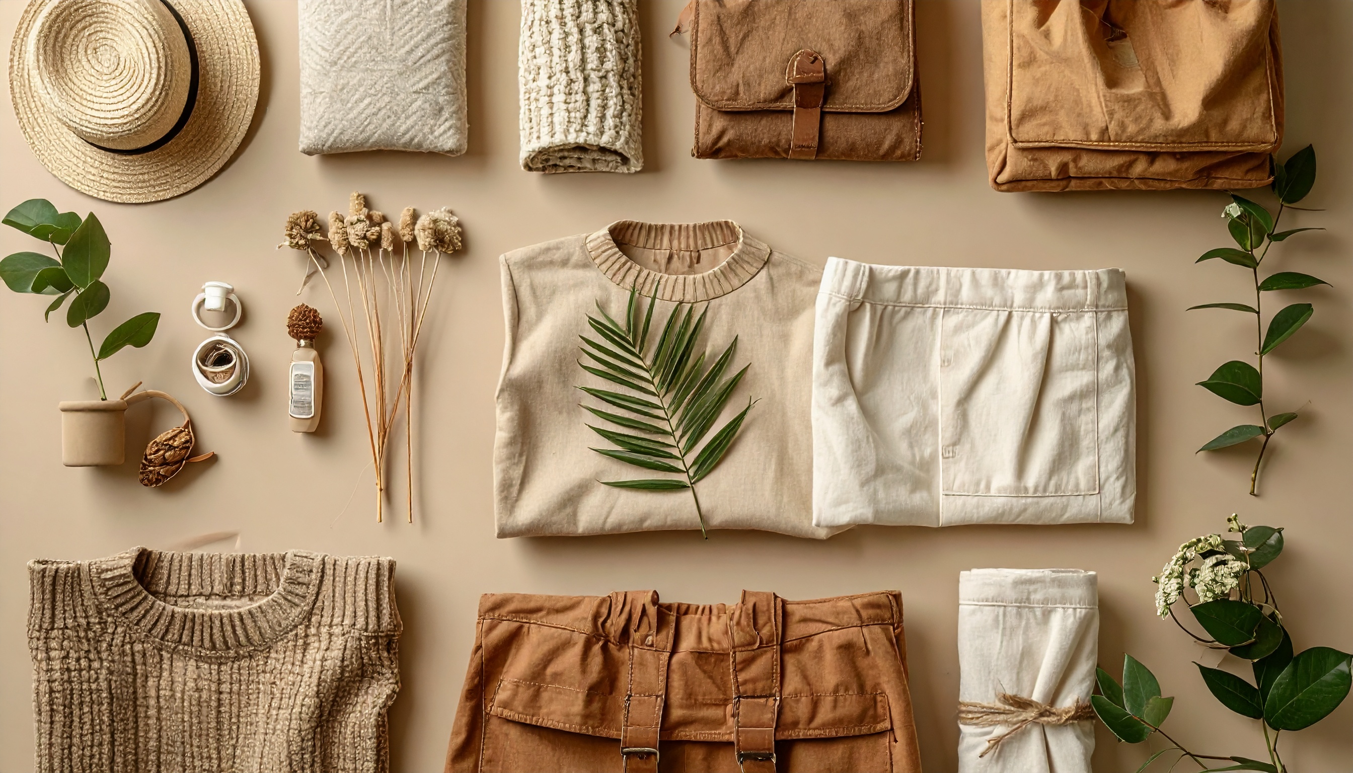 Esta imagem apresenta uma disposição cuidadosa de itens de moda e decoração em tons neutros sobre um fundo bege. Inclui chapéu de palha, roupas de malha, uma bolsa marrom e elementos naturais como folhas e flores, criando uma estética orgânica e minimalista. A iluminação suave e uniforme destaca a textura dos materiais, enquanto a composição simétrica oferece um equilíbrio visual atraente. O foco nítido e a disposição plana permitem uma apreciação clara dos detalhes e das cores suaves.