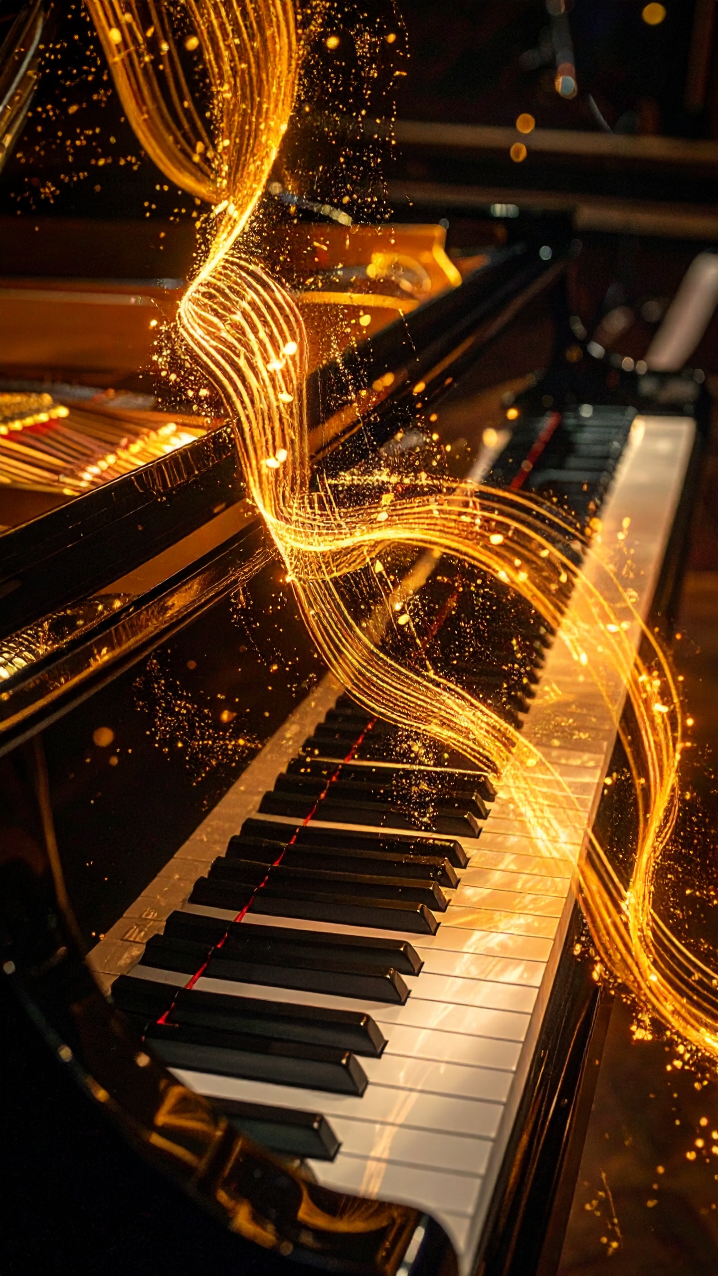 Grand piano with golden light trails creates a magical ambiance