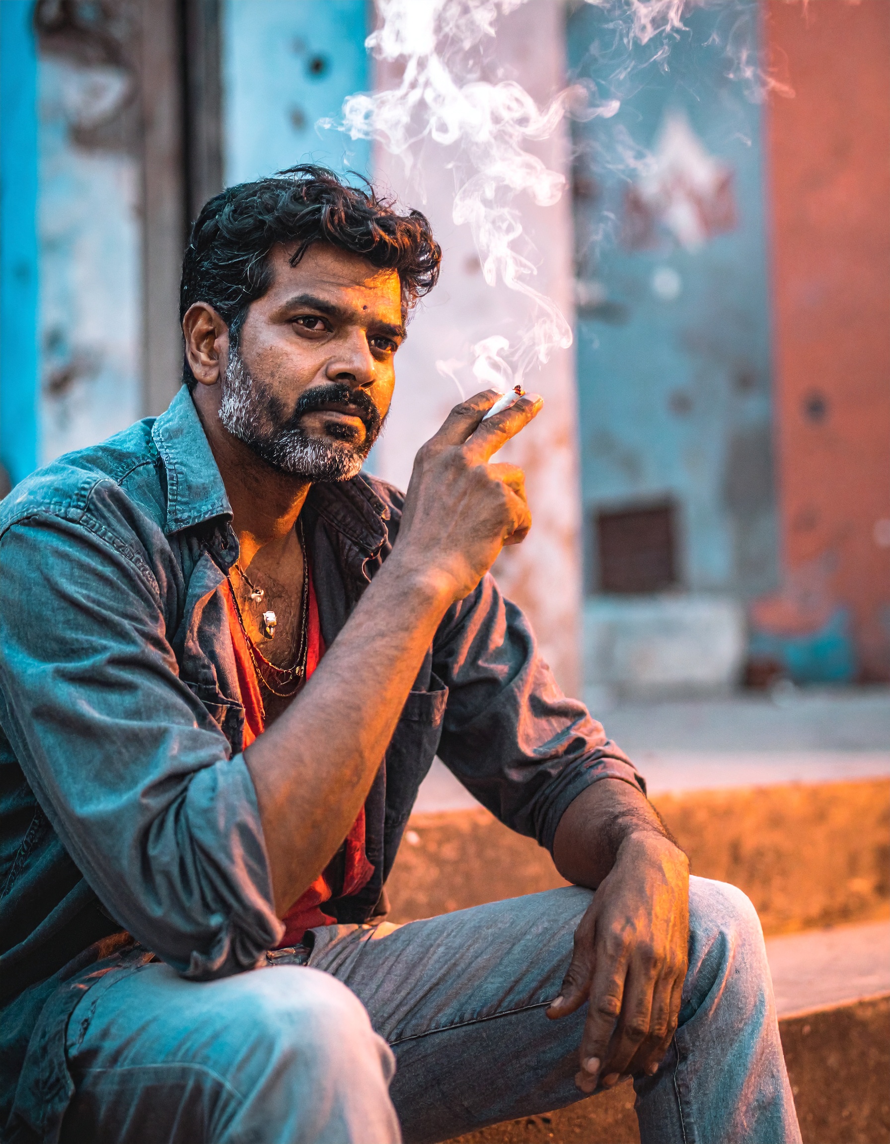 A man is sitting on concrete steps, exhaling smoke while holding a cigarette