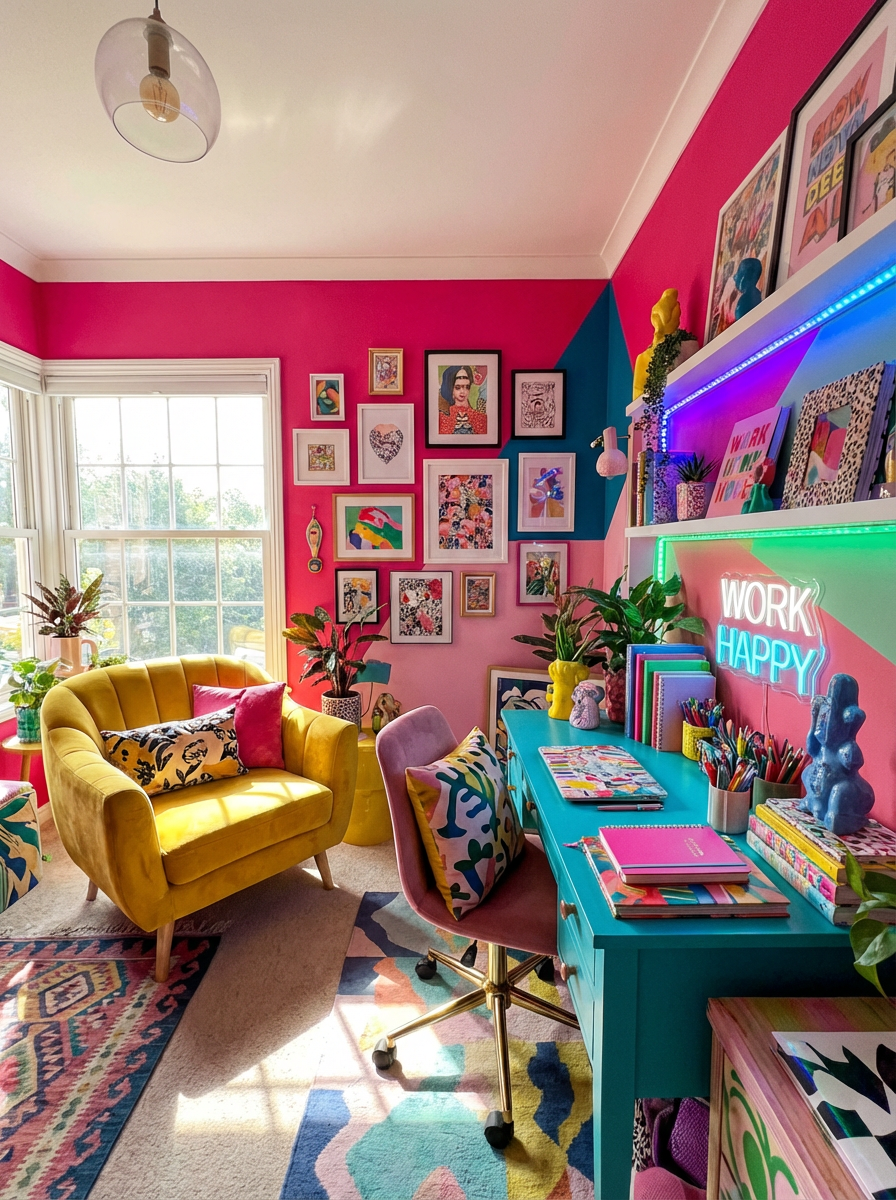 A vibrant home office features a bold color palette with pink and teal walls adorned