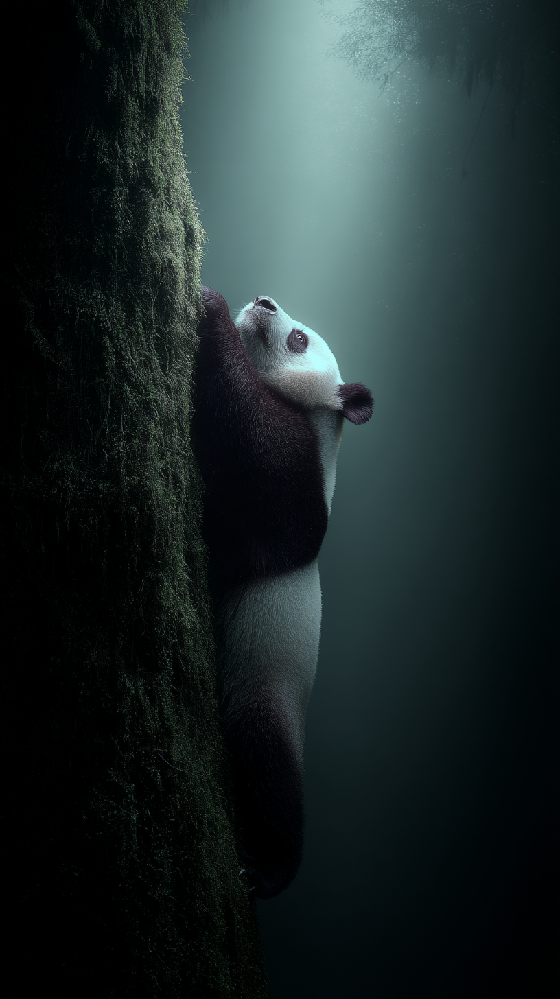 Um panda gigante escala uma árvore coberta de musgo em uma floresta densa, com iluminação suave criando uma atmosfera serena e contemplativa.