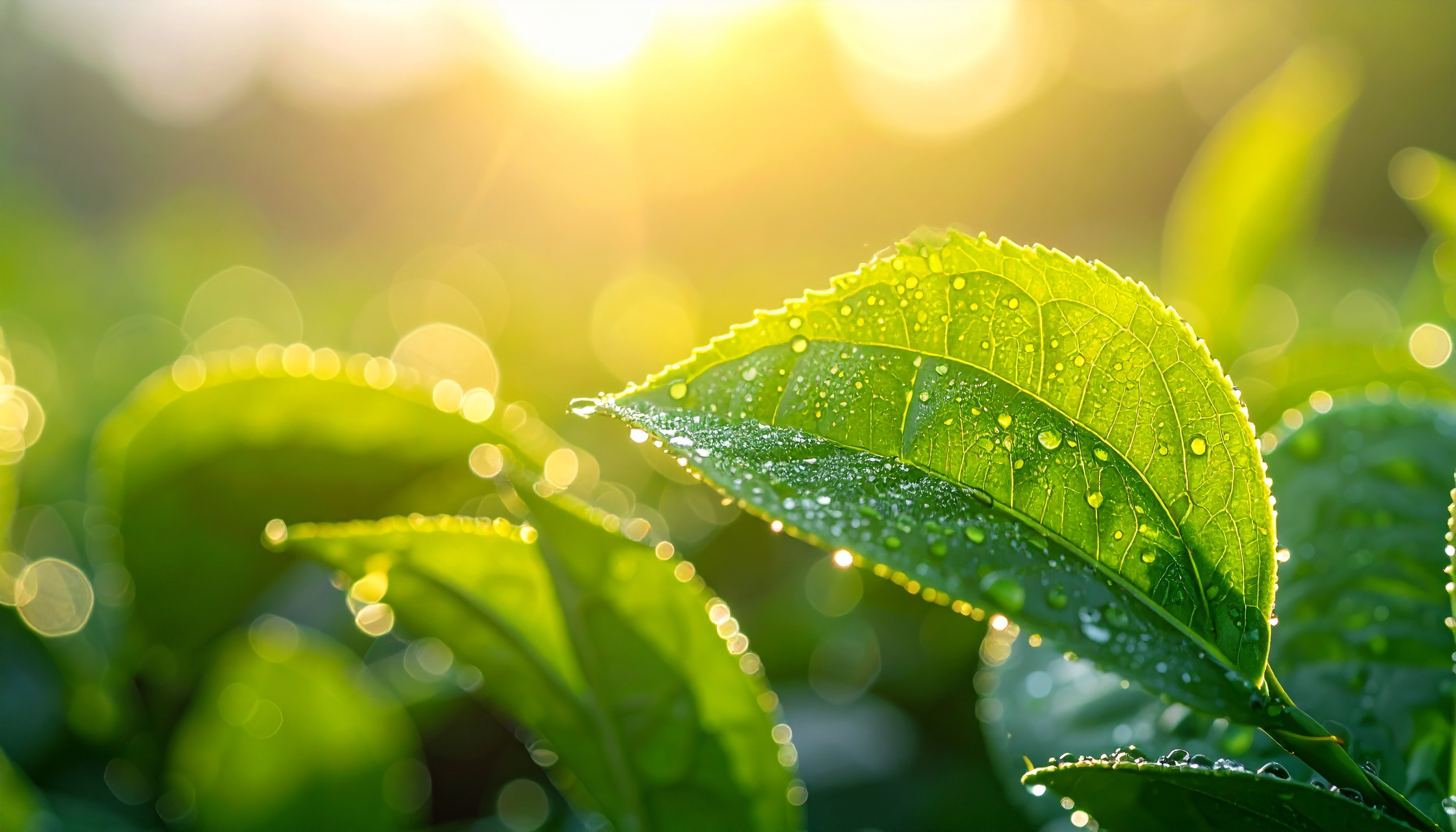 Close-up of Green Leaves with Dew Drops