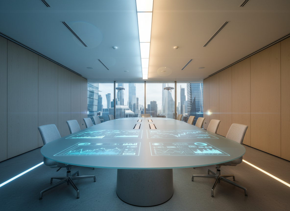 Futuristic Meeting Room with Holographic Interactive Table