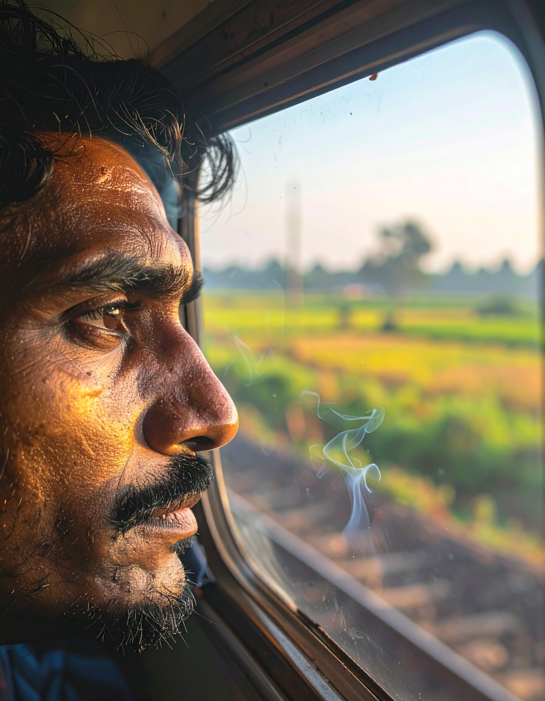 A man gazes thoughtfully out a train window with fields passing by