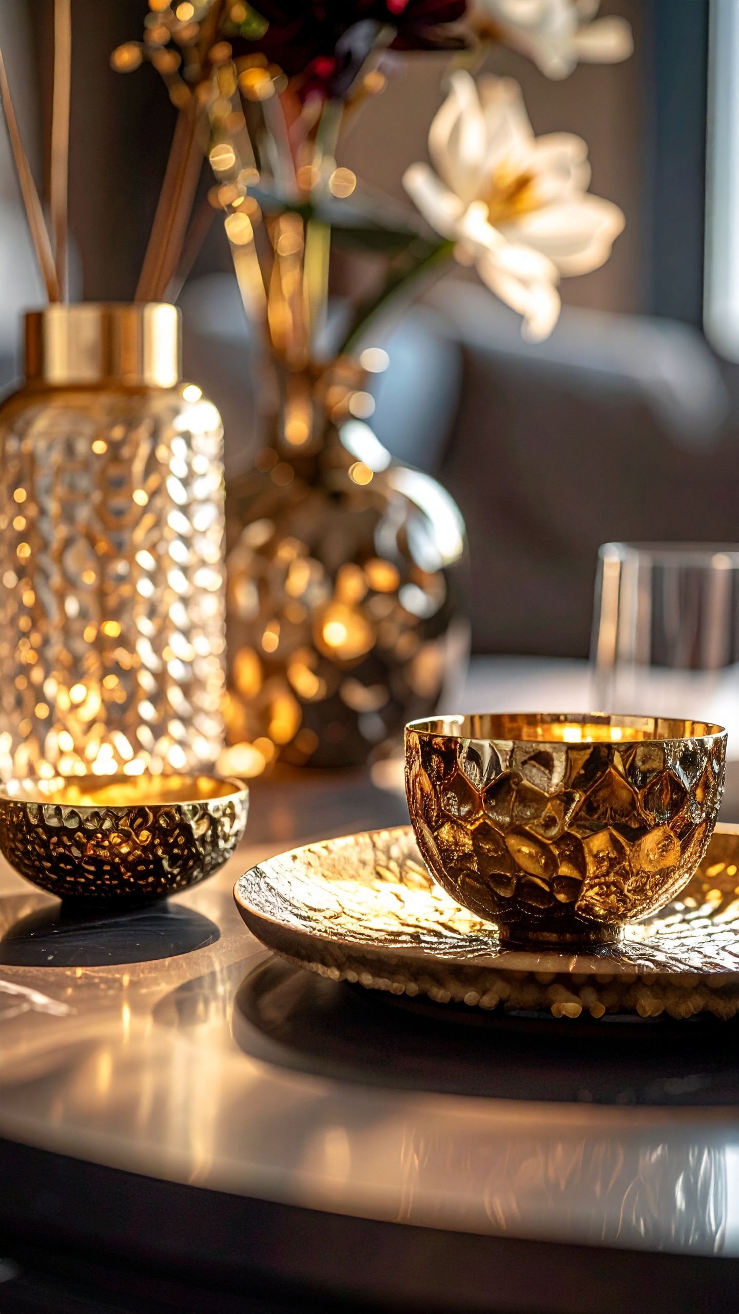 An elegant set of golden decorative items shines on a polished marble surface
