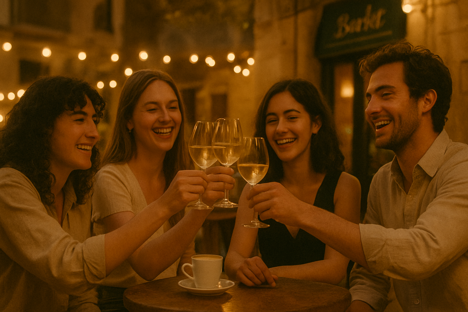 Grupo de quatro amigos brindando com taças de vinho em um ambiente aconchegante e iluminado por luzes suaves, celebrando momentos felizes juntos em uma cafeteria ao ar livre.