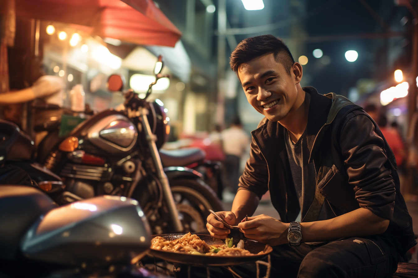 Um jovem sorridente segurando um prato com comida em um mercado noturno, ao lado de uma motocicleta. O ambiente é iluminado por luzes suaves e vibrantes, criando uma atmosfera acolhedora e animada.
