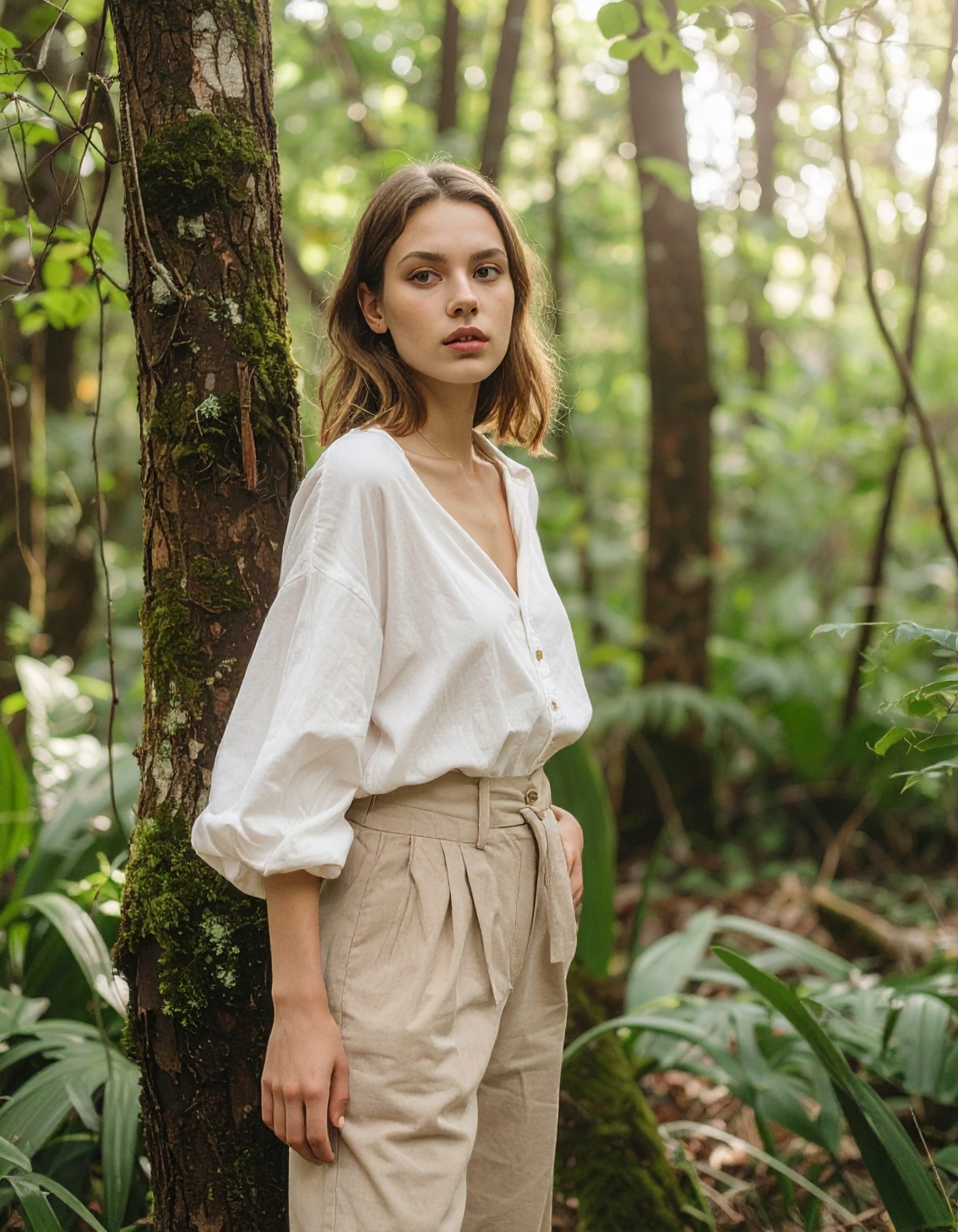 A woman stands in a lush forest wearing a white blouse and beige pants