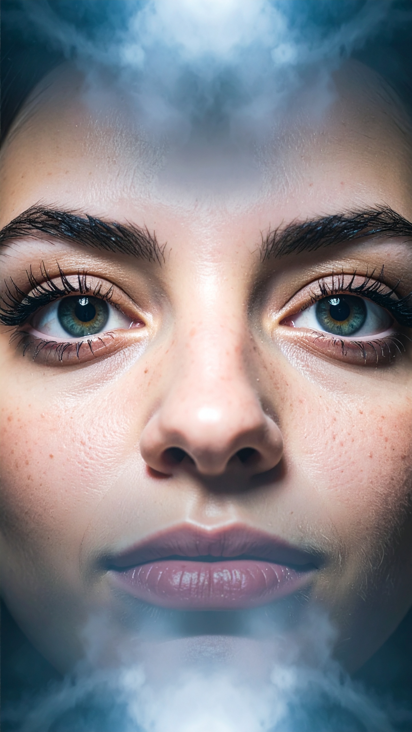A close-up of a woman's face with striking blue eyes and natural makeup