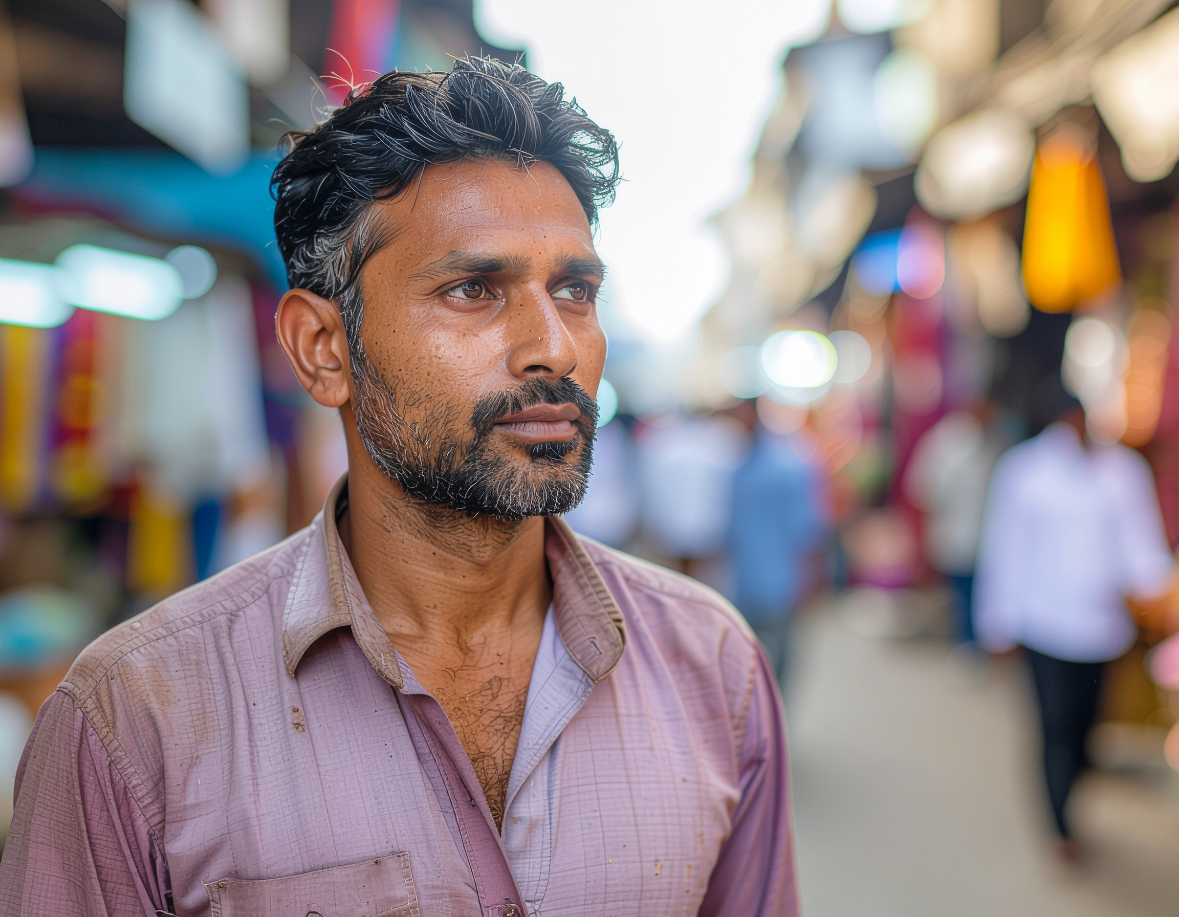 A man stands in a bustling street market, surrounded by colorful blurred stalls and people
